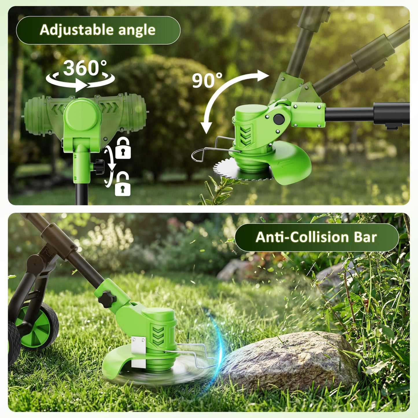 4-in-1 Cordless Weed Wacker with Wheels, 4000mAh Battery Powered Stringless Weed Eater, Brushless Grass Trimmer with 2 Batteries, 3 Blade, Adjustable Head, Lightweight Lawn Edger Brush Cutter