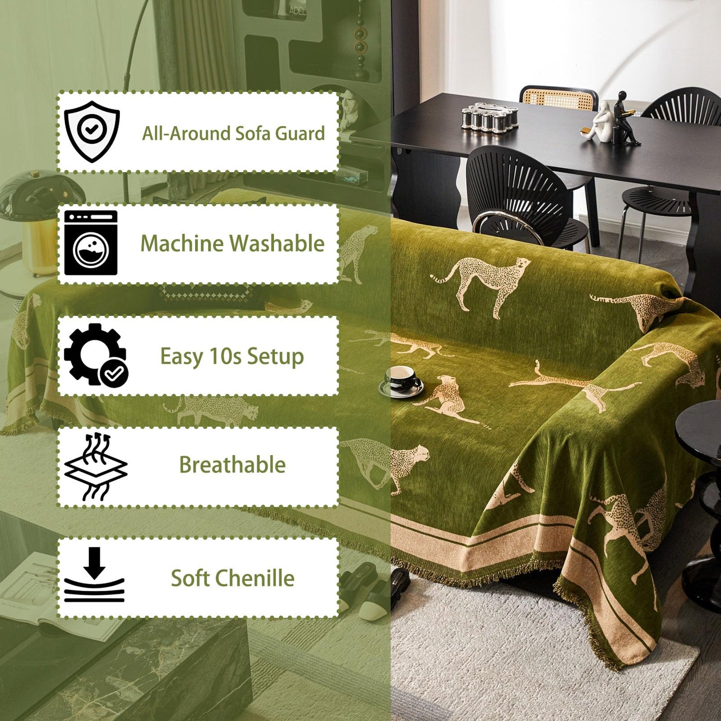 EvaLoome Chenille Sofa Cover with Tassels, Non-Slip Couch Cover for 3/4 Seat Sofas, Washable Furniture Protector for Pets & Kids, Modern Leopard Pattern Chenille Blanket (Green, 71"x165")