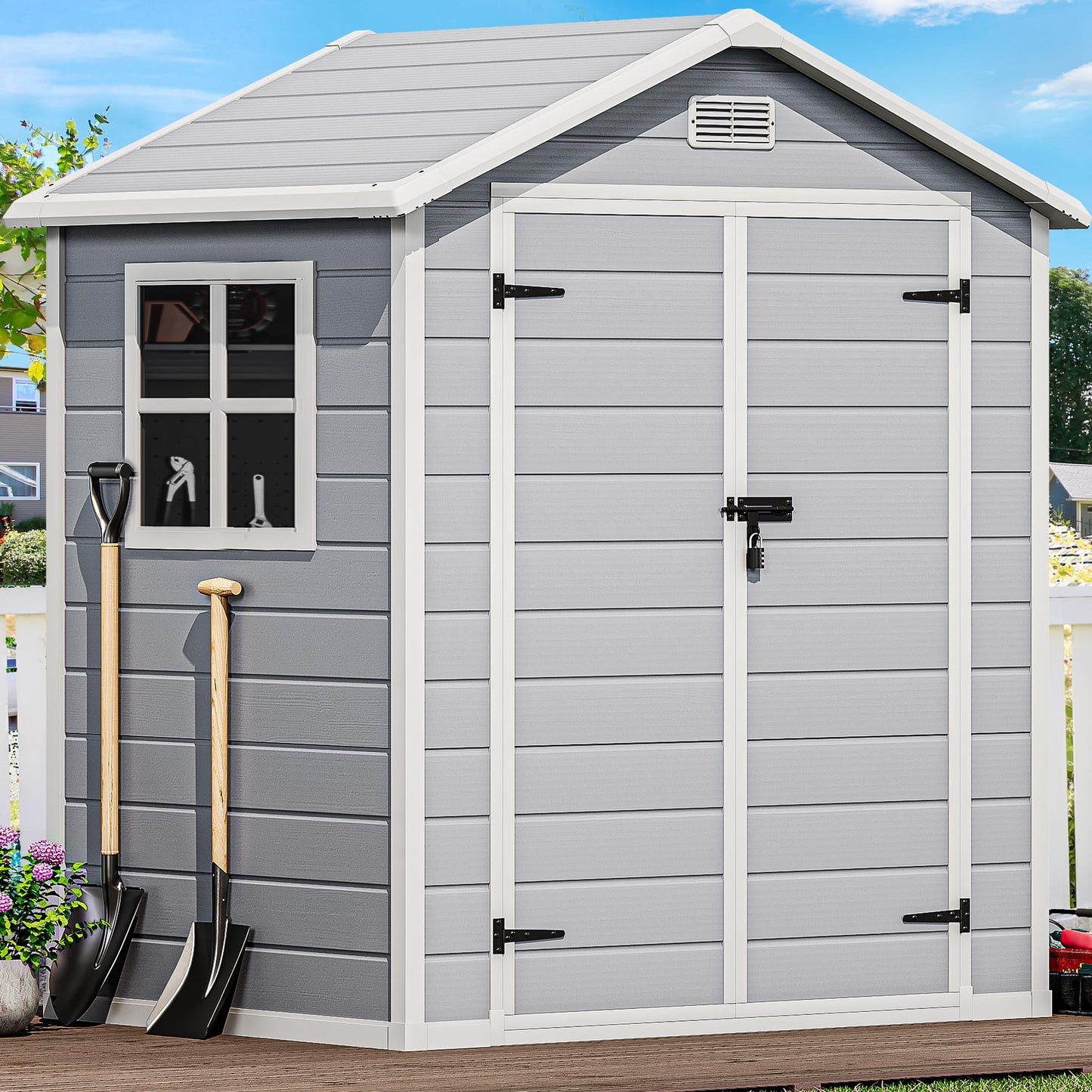 DWVO 6x4.4 FT Resin Storage Shed with Reinforced Floor, Outdoor Storage Shed with Lockable Door, Window and Vents, Waterproof Plastic Tool Storage for Garden, Backyard, Patio, Lawn