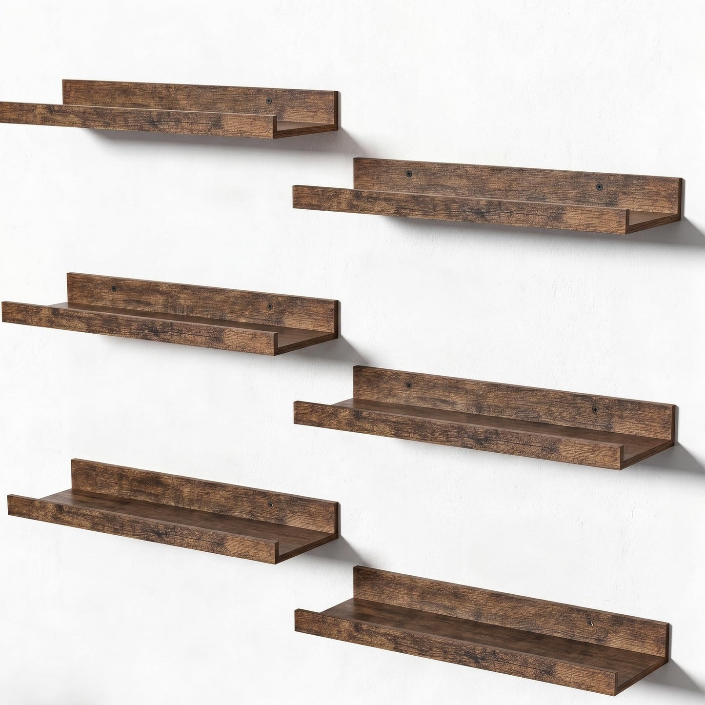 upsimples 6 Pack Wooden Floating Shelves, Wall Storage Decor Shelf for Bathroom, Bedroom, Living Room, Kitchen, Office and Laundry Room, Wall Mounted Display Hanging Shelf, Brown