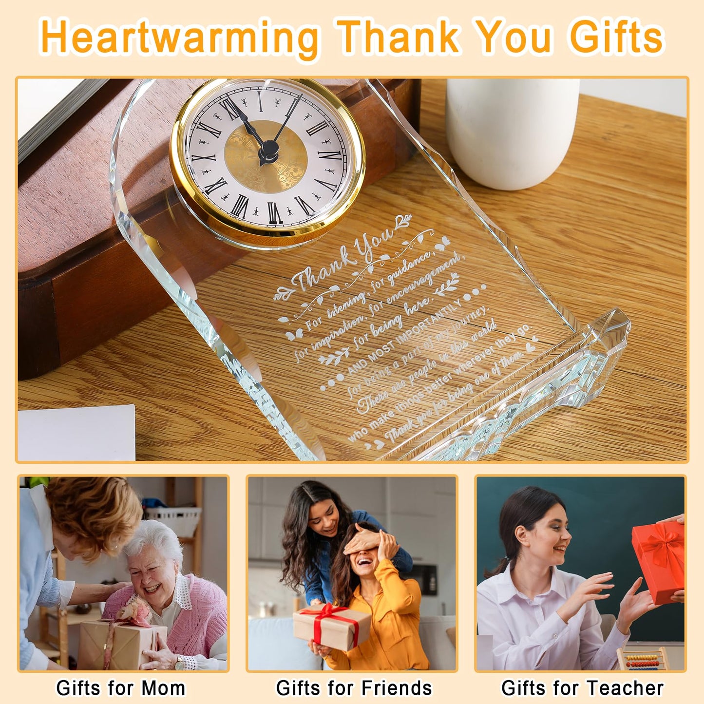 Ornalrist Thank You Gifts for Women Men, Crystal Clock Appreciation Gifts for Coworkers Friends Employee Teacher, Thank You Clock for Leader Colleague