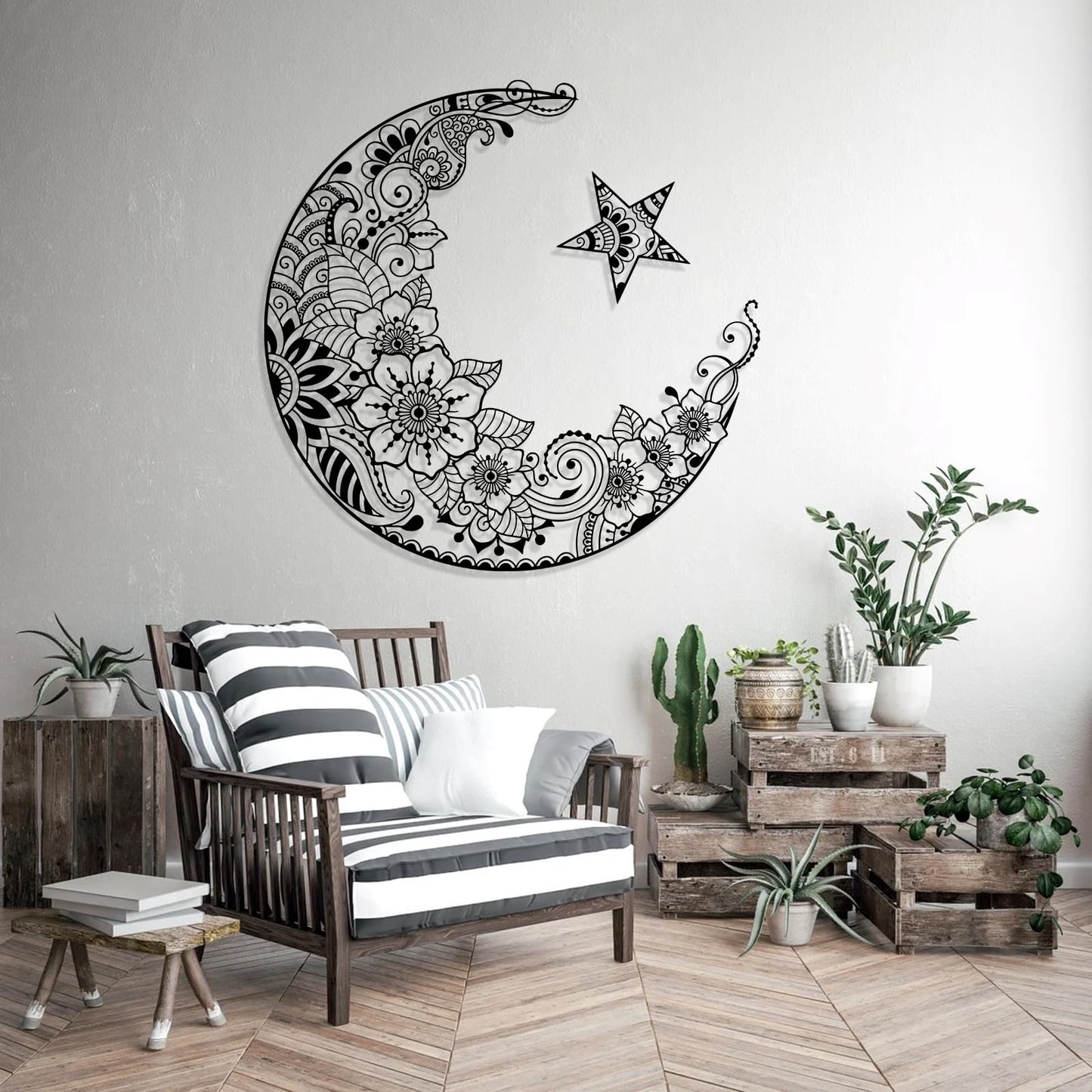 Mandala Moon Metal Wall Art, and Stars Decor, Lotus Flowers, Modern Home, Boho for Bedroom