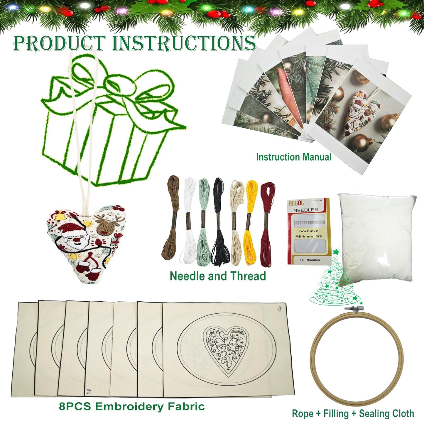 GDGJWL DIY Heart Shaped Hand Embroidered Christmas Ornament Kit Complete Craft Set with Pre-Printed Fabric Embroidery Thread Holiday Cross Stitch Decor for Beginners Adults and Home Decor (DIY)