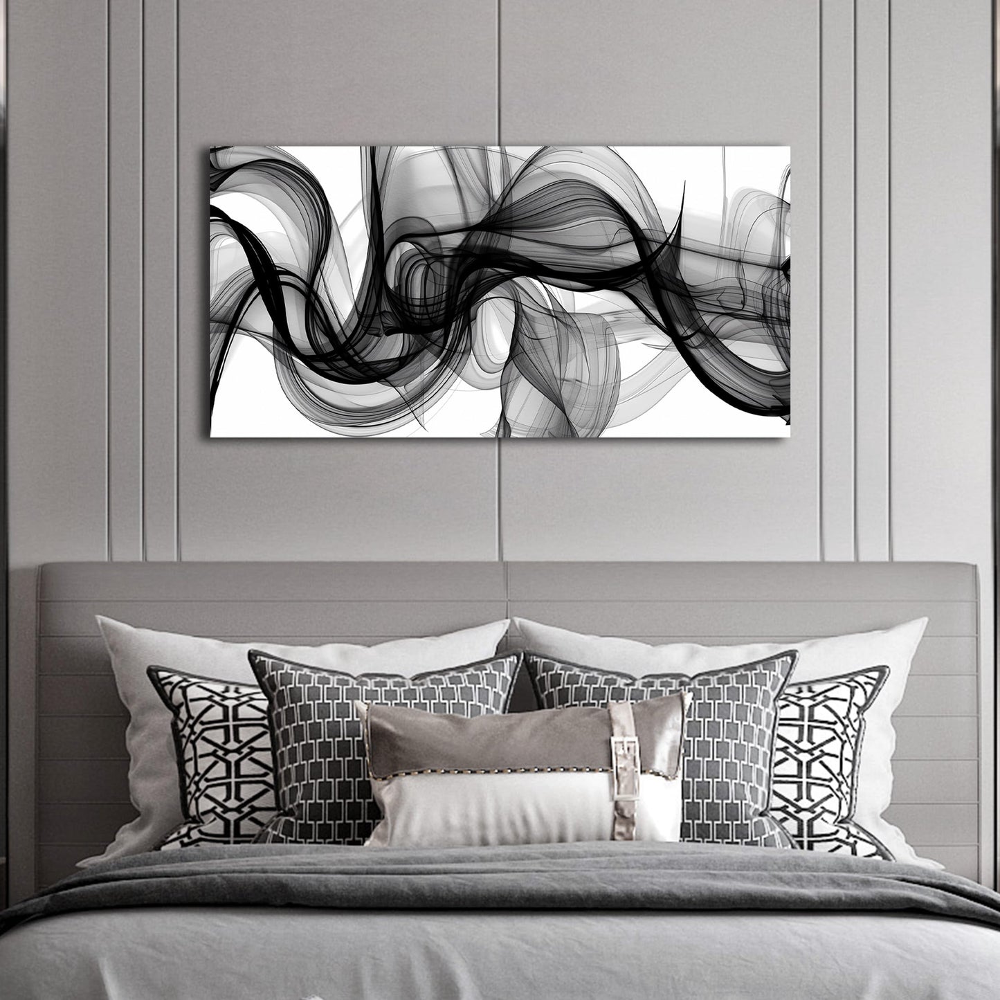 ENTANUB Abstract Wall Art for Bedroom, Black and White Canvas Wall Decor for Living Room, Smoke Picture Print, Size 40 x 20 Inches