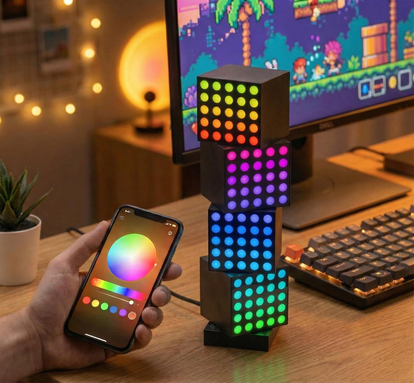 YEELIGHT Smart Pixel Art Table Lamp, 4 Pack Cube Light Kit with Music Sync, DIY LED Display with Clock Mode, RGB Mood Night Light Works with Matter and Alexa, App Control, for Gaming Room & Bedroom