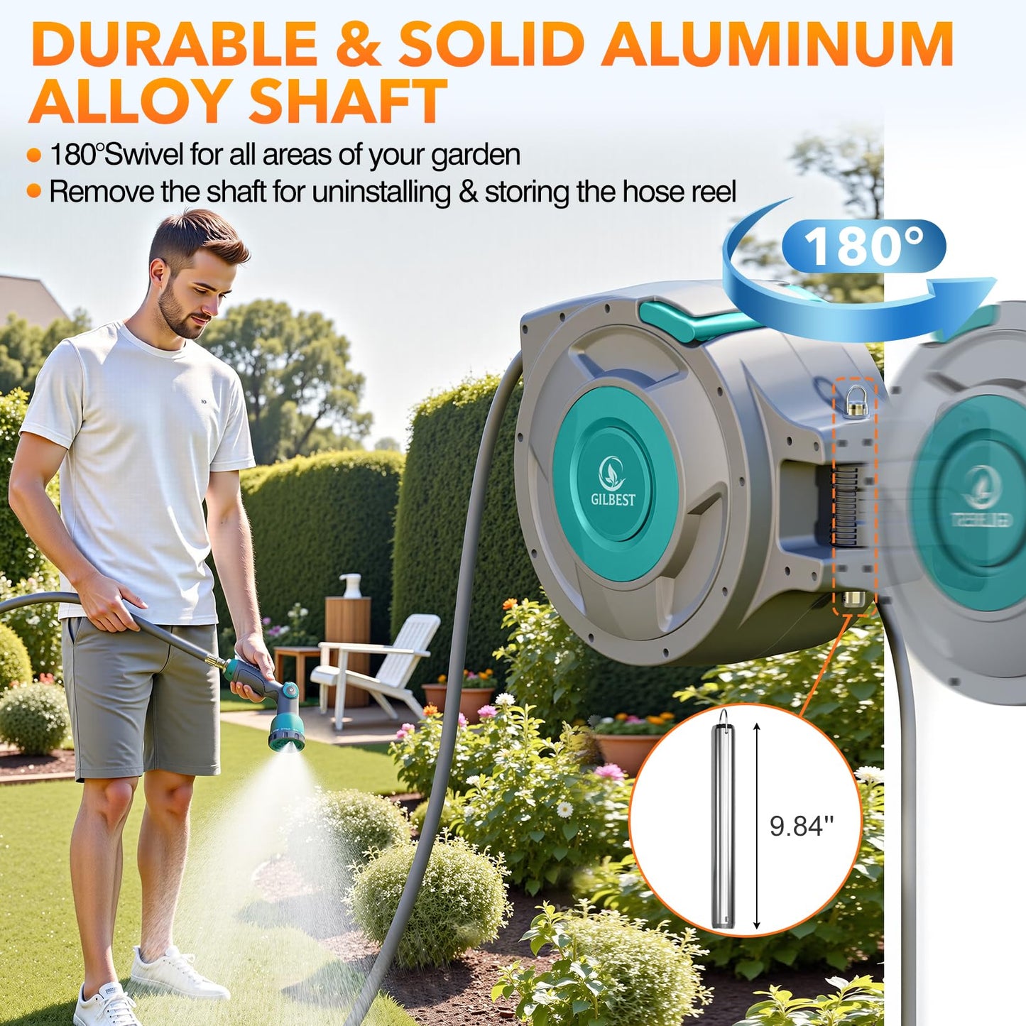GILBEST 5/8" x 100 ft Retractable Garden Hose Reel, Heavy Duty Water Hose Reel Wall Mounted, Any Length Lock, 180°Swivel, Retractable Hose with 10-Function Nozzle for Cleaning, Watering (Green)