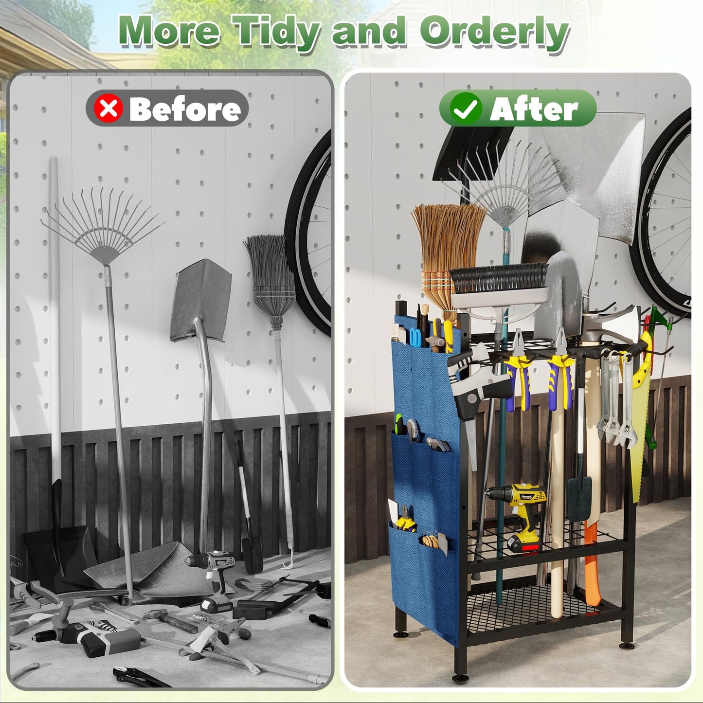 SAMRELAX Garden Tool Organizer, Garden Yard Tool Rack for Garage, Garage Organization and Storage, Metal Yard Tools Storage up to 46 Tools/Rake/Broom/shovel/, Suitable for Garage, Yard, Patio, Shed