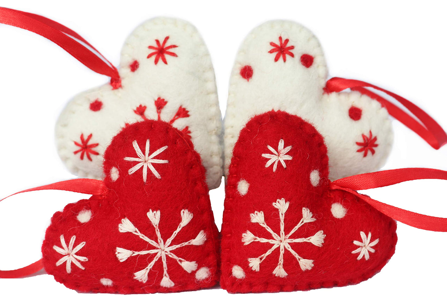 Hearts Christmas Ornaments Set of 4-Snowflake 100% Pure New Zealand Wool Handmade Eco-Friendly Valentine's Day Decor Shower Nursery Decoration Fair Trade (4, Heart)