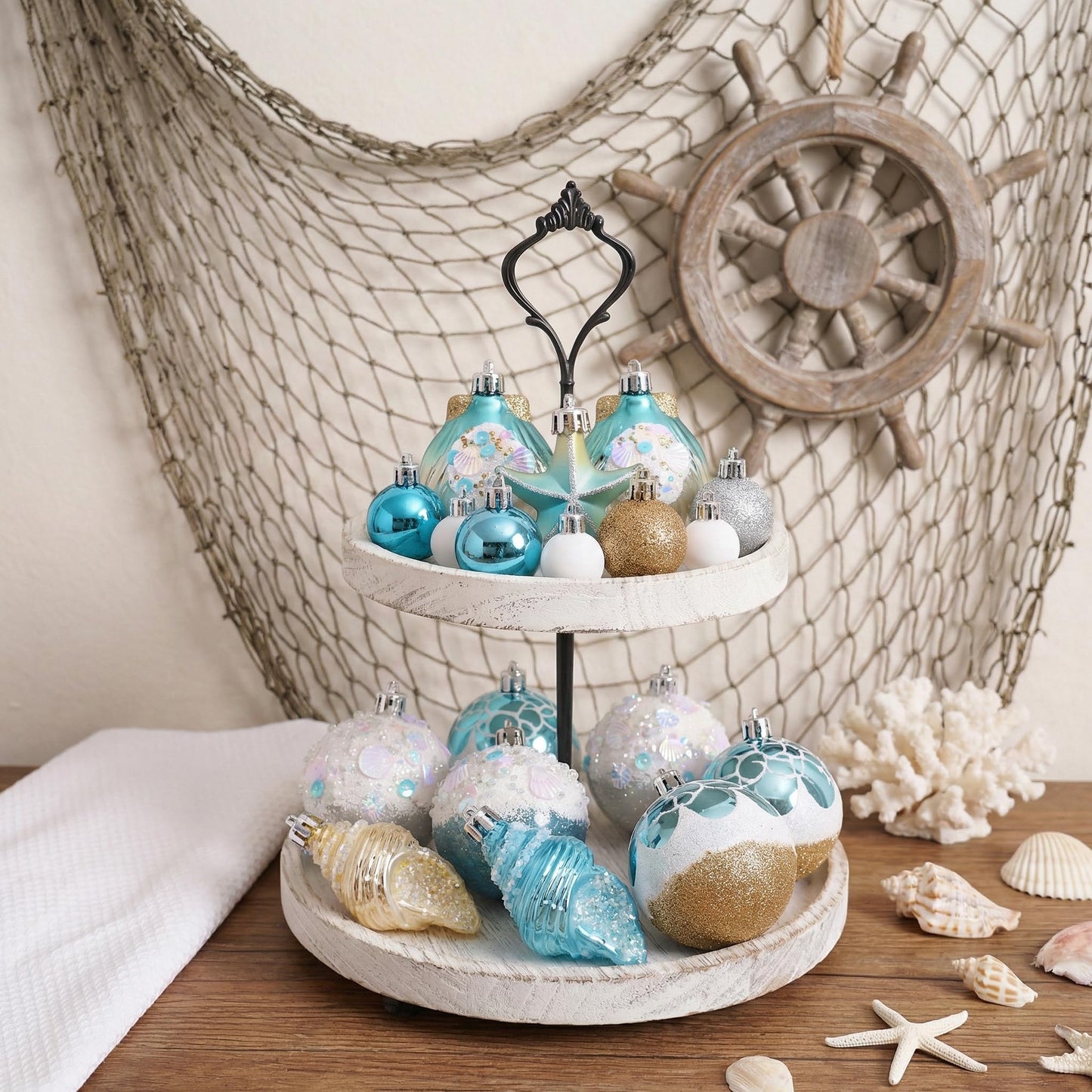 Valery Madelyn Summer Tree Ornaments 35ct Shatterproof Nautical Beach Decor Nautical Ocean-Themed Coastal Christmas in July Tree Decorations, Seashells Starfishs Conch Shell for Tropical Party