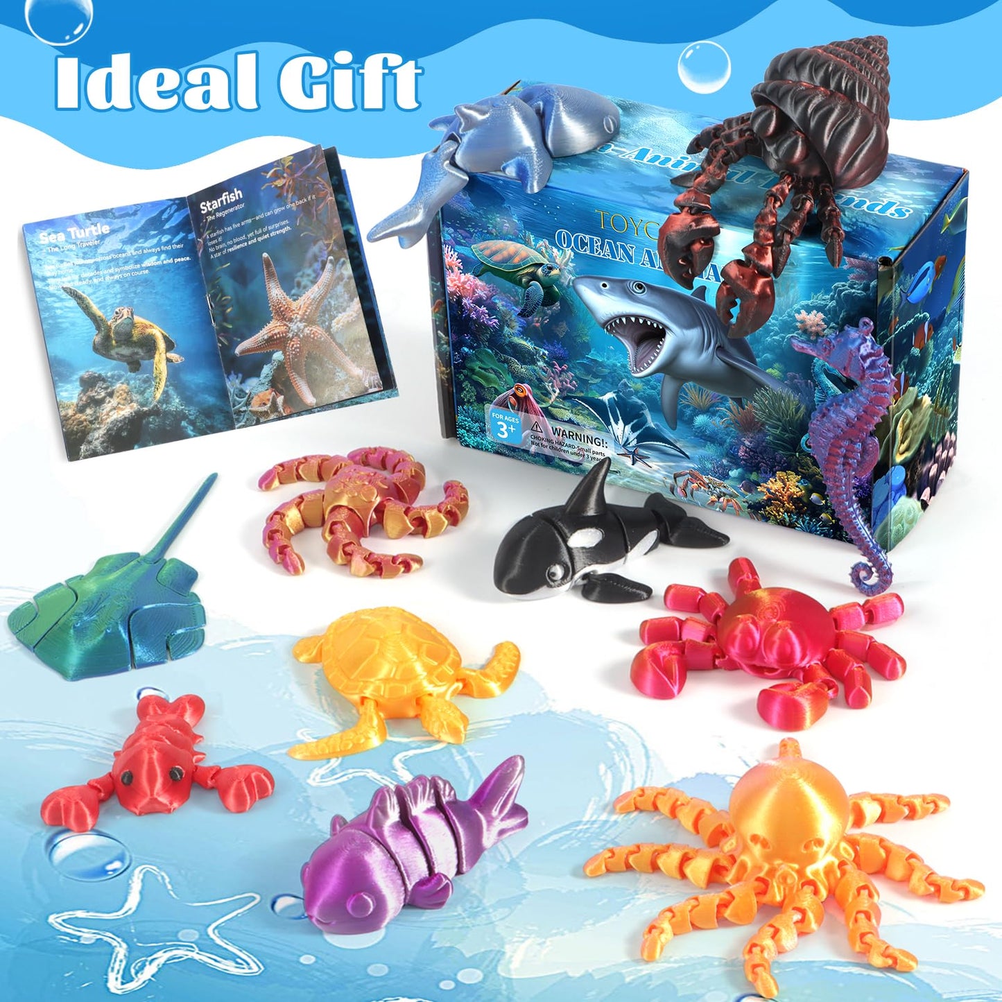 12 Pack 3D Printed Animal Toys, Desk Pets Sea Animal Toys with Educational Booklet for Kids Age 3 4 5 6 7 8, Ocean Animals Figurines Fidget Toy Birthday Gifts Office Desktop Home Decoration