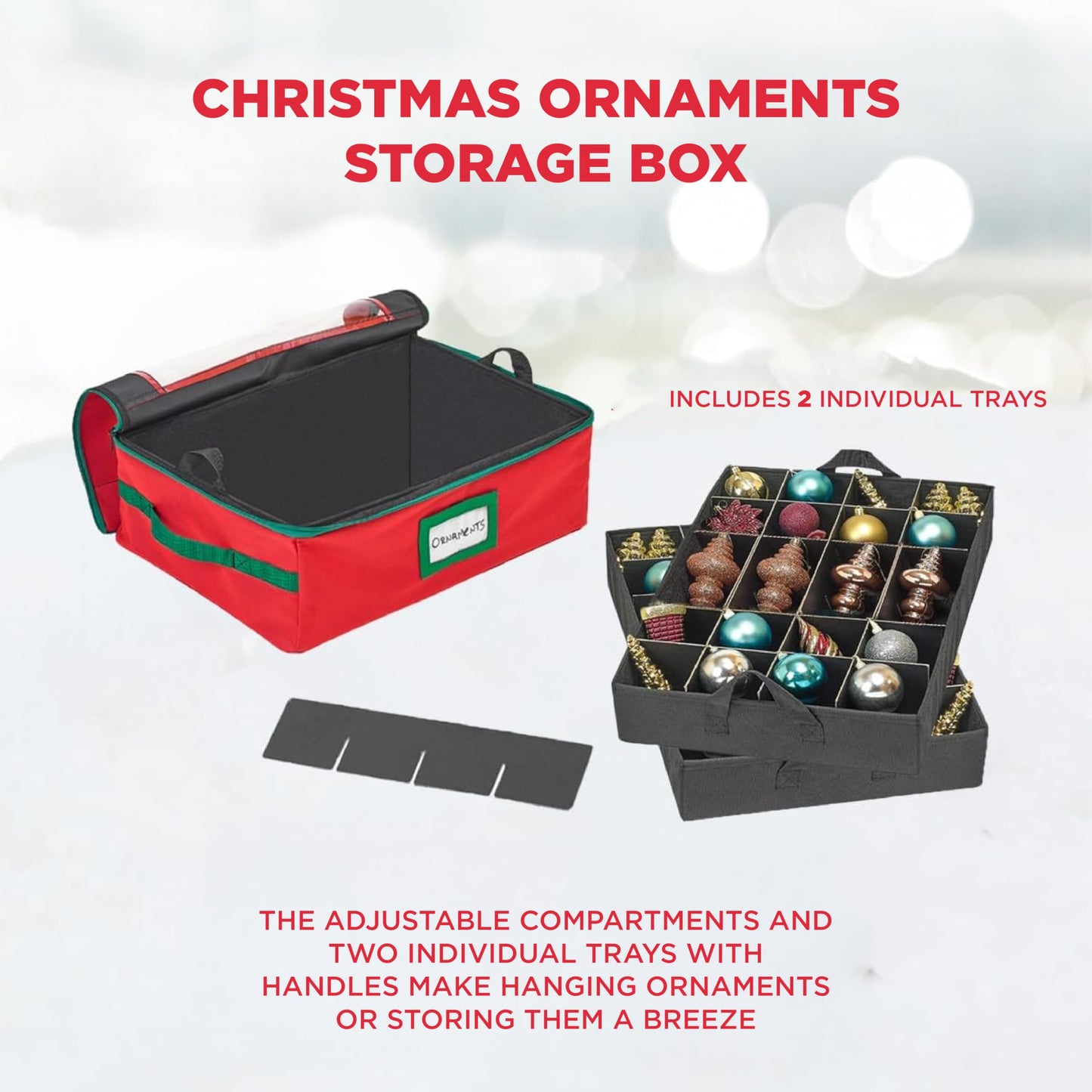 HOLDN’ STORAGE Christmas Ornament Storage Box with Dividers - Fits 48-3” Ornaments, 2 Removable Trays, Durable & Space-Saving, Clear Top Lid, Fits Underbed, Red