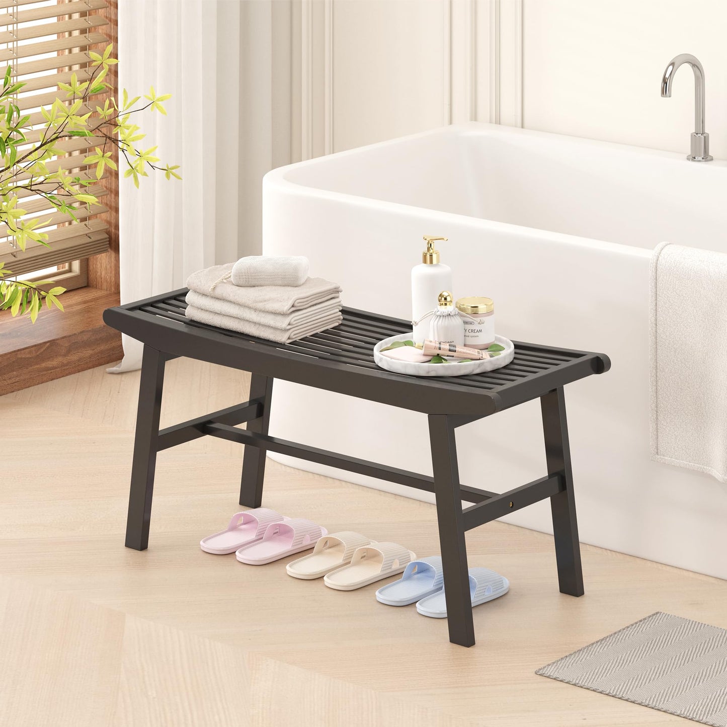 Bamboo Dining Bench Indoor Long Bench Sturdy & Comfortable Indoor Storage Bench Durable Slat Woven Design Modern Entryway Seating for Hallway (Black, 1 Tier)