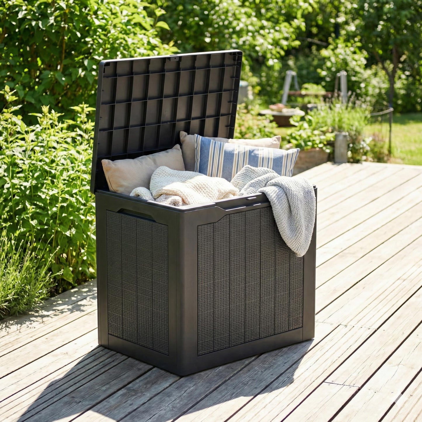 UDPATIO 30 Gallon Deck Box, Outdoor Storage Box Lockable Waterproof Resin, Indoor Outdoor Storage Container for Patio Cushions, Garden Tools, Pool Accessories, Package Delivery Boxes for outside