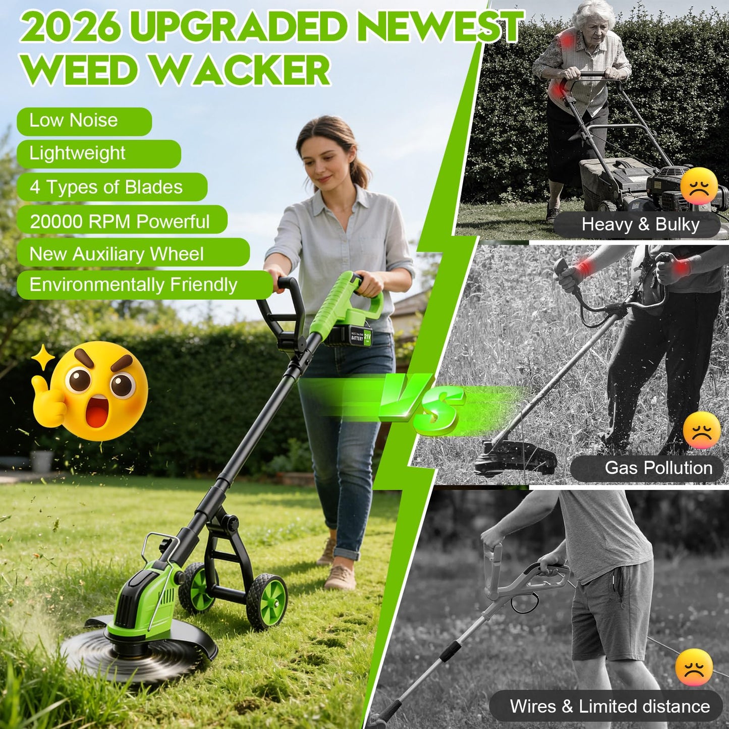 20000 RPM Electric Weed Wacker Cordless, 12″ Brushless Weed Eater Battery Powered with Wheel, 4-in-1 Grass Trimmer/Brush Cutter/String Trimmer, Lawn Mower Edger Stringless Weed Trimmer, 2 Battery Tool