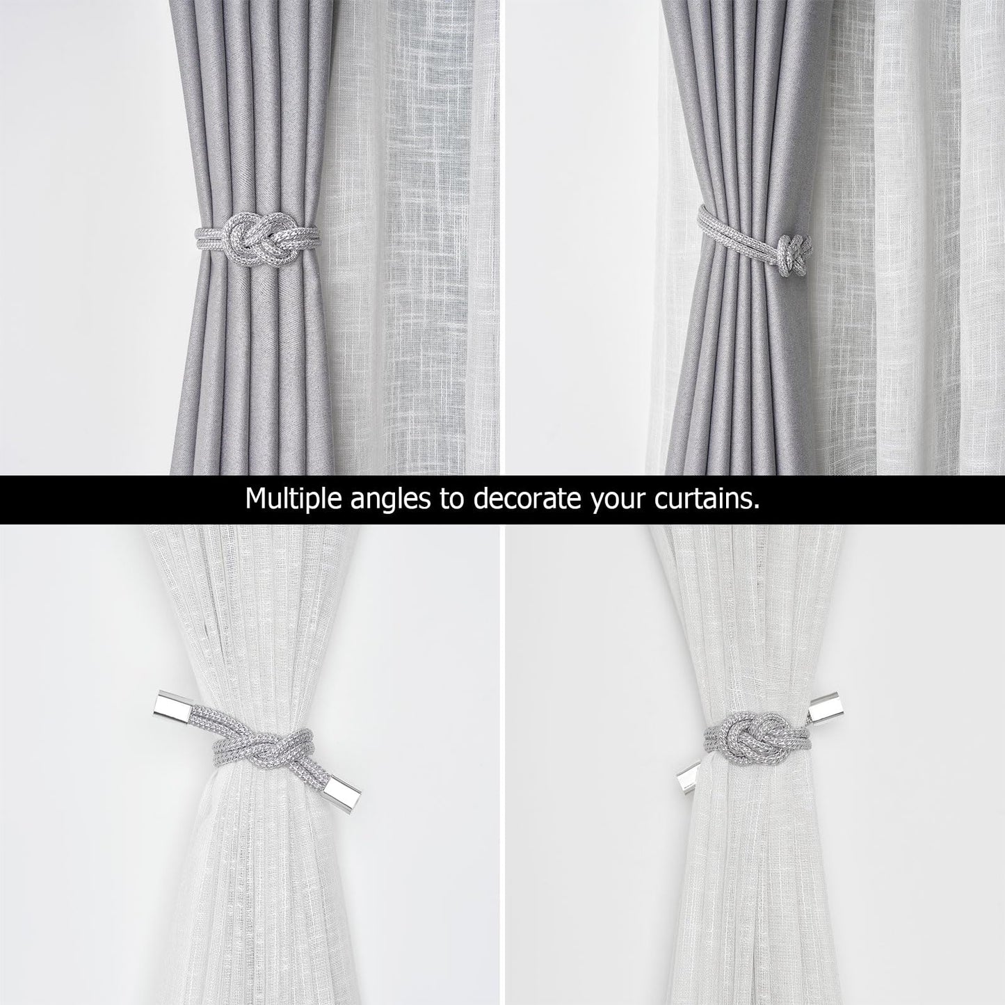NICEEC 2 Pack Mini Magnetic Curtain Tiebacks Nordic Simple Style Drape Tie Backs Elegant Hand Weave Rope Knot Decorative Curtain Holdbacks for Home & Office Thin Window Drapery (Silver Grey)