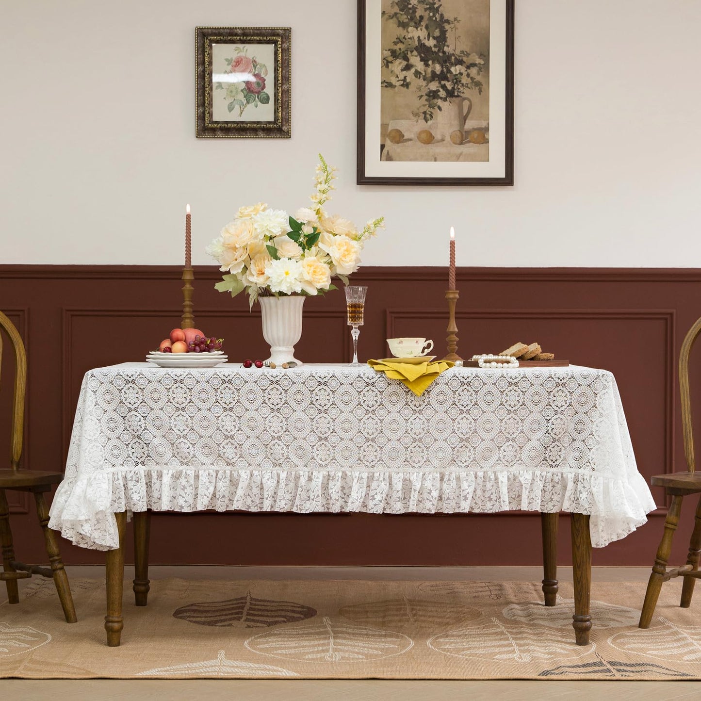 GLORY SEASON Lace Tablecloth with Flower and Leaf Pattern Fabric Ivory White Rectangle/Oblong Table Cloth Cover for Wedding Buffet Banquet Parties Holiday Farmhouse Kitchen Dining Decor 52x70 Inch