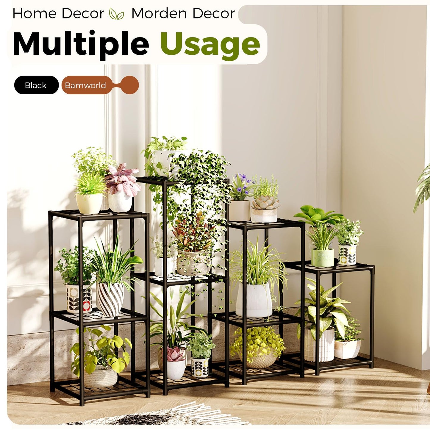 Bamworld Plant Stands Indoor 4 Sets Plant Shelves Outdoor Metal Plant Holder for Multiple Plants Flower Stands for Living Room Balcony Garden Patio Lawn Window Black