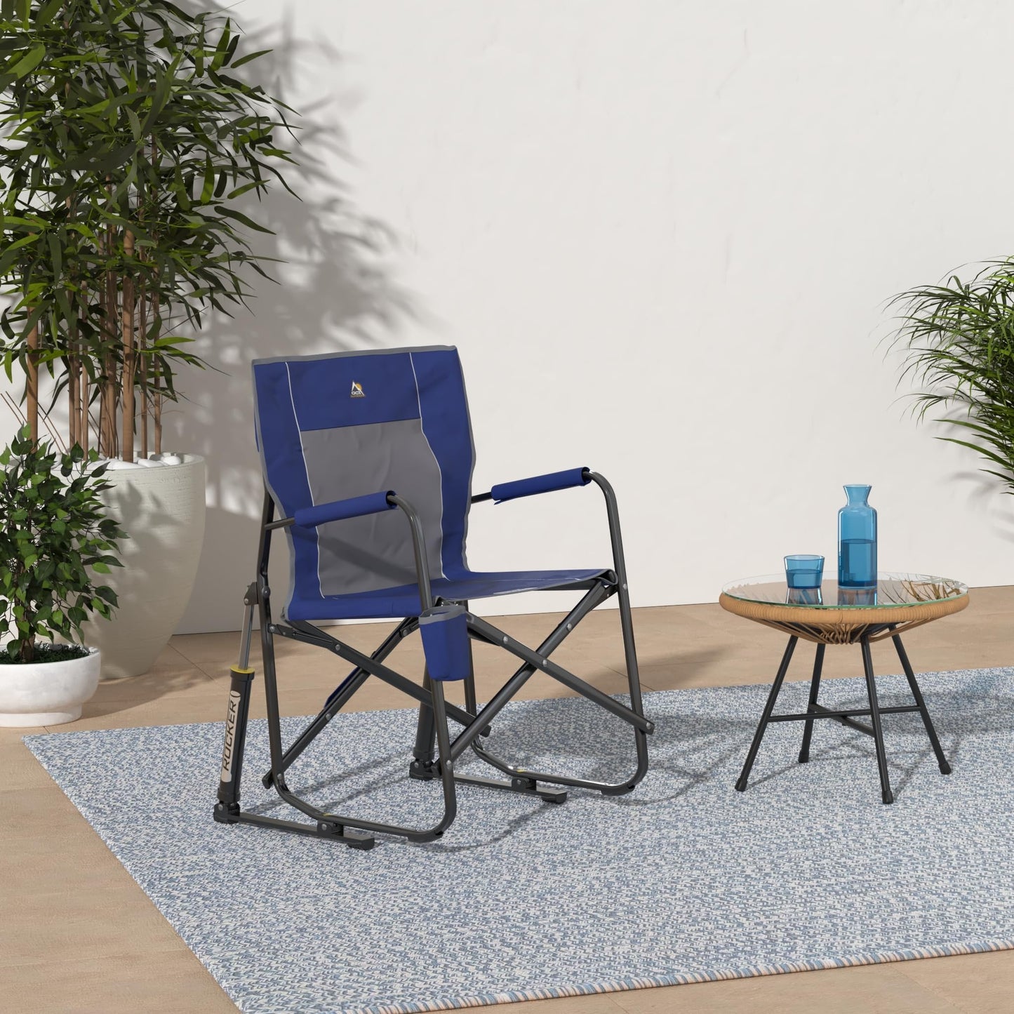 GCI Outdoor Freestyle Rocker Camping Chair | Portable Folding Rocking Chair with Solid, Durable Armrests, Drink Holder & Comfortable Backrest — Royal Blue