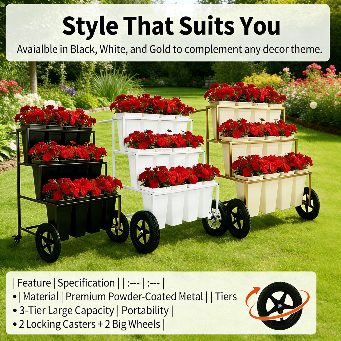 VITNSVILE Mobile Metal Flower Plant Stand, 360° Rolling Flower Display Stand for Indoor Outdoor, Space Saving Flower Bar Stand for Patio, Garden Event White, Black, Gold (White)