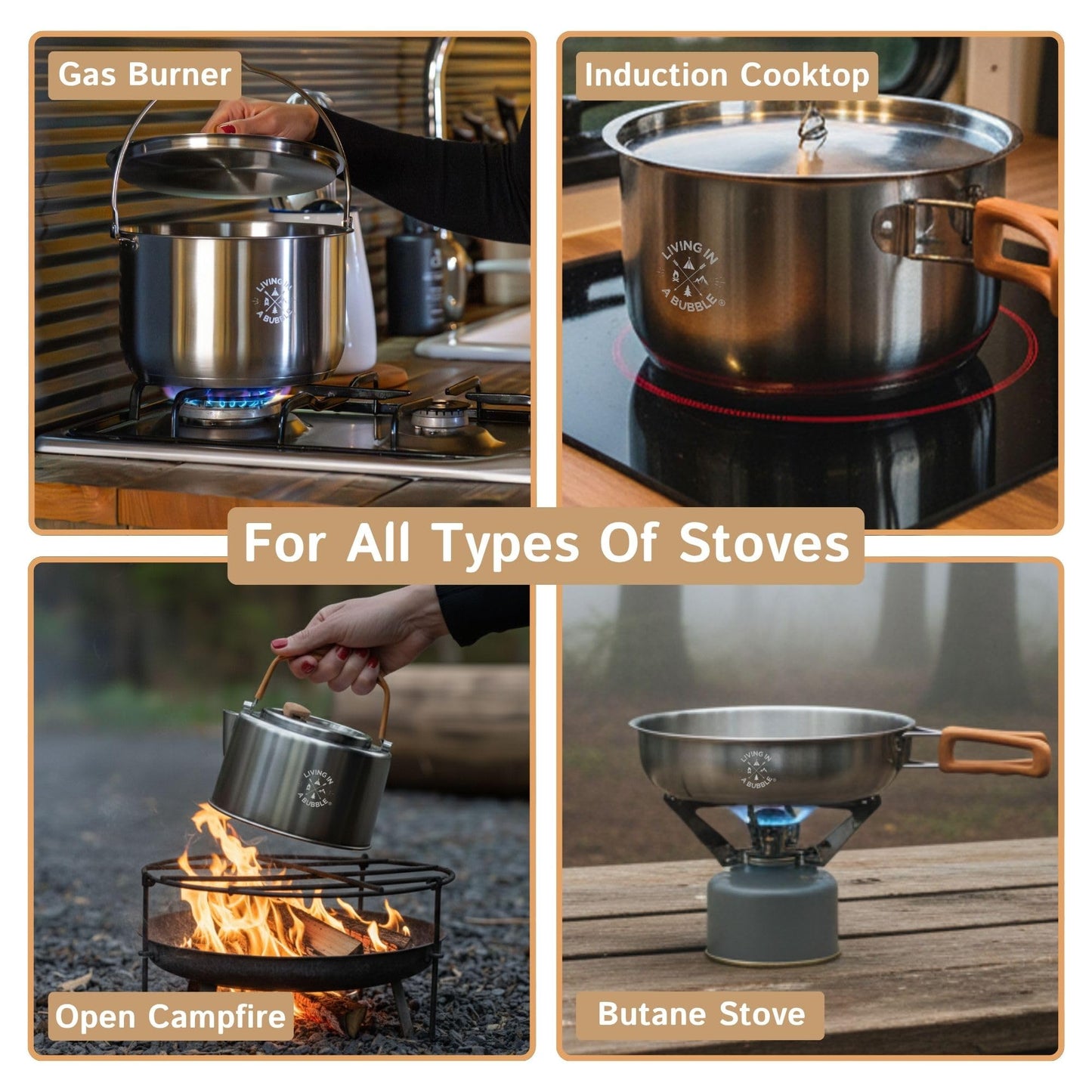 Living in a Bubble Premium 7-Piece Stainless Steel Cooking Set. Tri-layer Bonded Stainless-Steel - Ergonomic Handles with Silicone Sleeve - Compact & Stackable