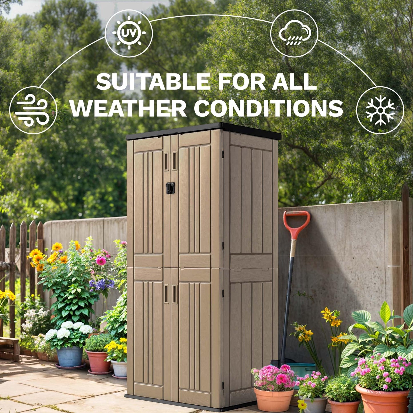 DWVO Outdoor Vertical Storage Shed with 4 Shelves, Waterproof Tall Plastic Storage Shed with 4 Adjustable Shelf, 30 cu. ft. Patio Tools Storage for Patio, Garden, Backyard, Deck, Brown