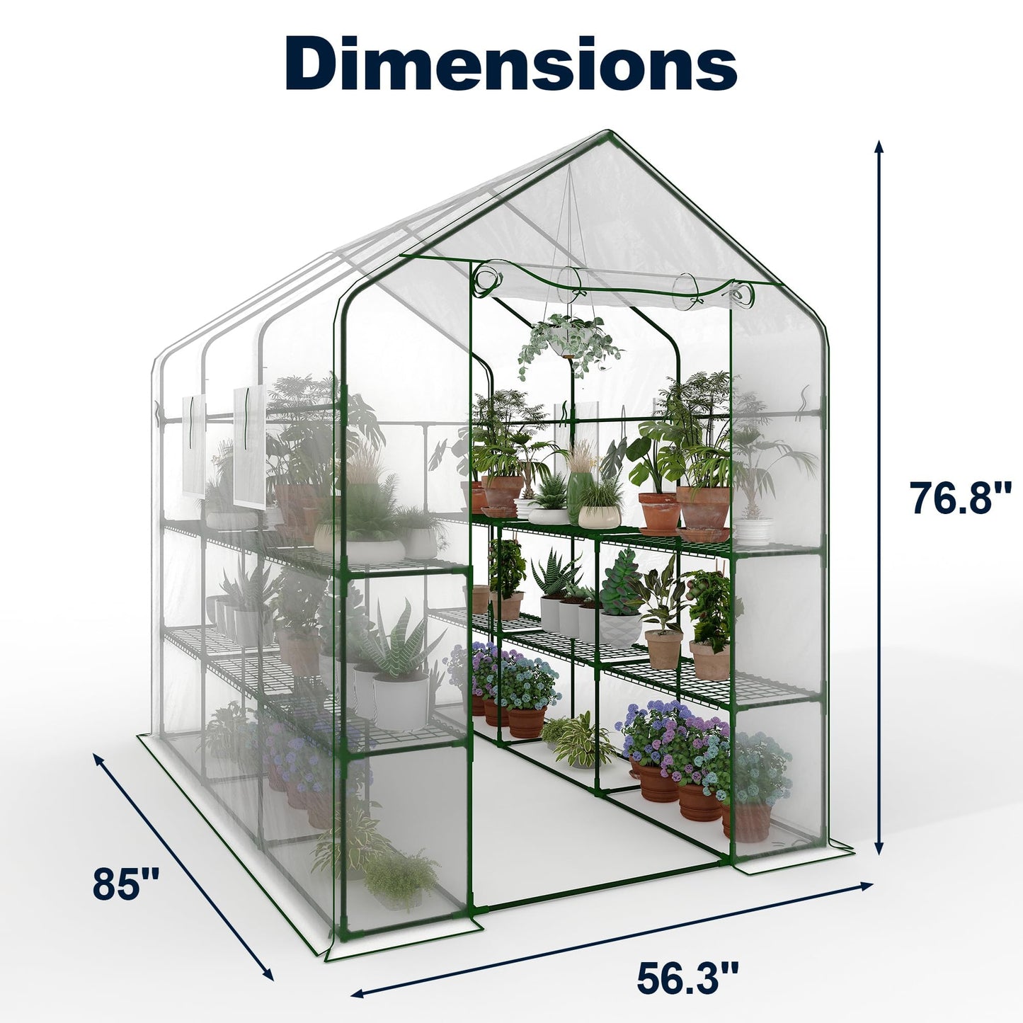 Portable Walk-in Greenhouse for Outdoors, 57 x 85 x 77 Inch Heavy Duty 3-Tier 18-Shelf Greenhouse with Thick PE Cover, Mesh Door & Screen Windows for Plants, Flowers, Seedlings, Herbs & Vegetables