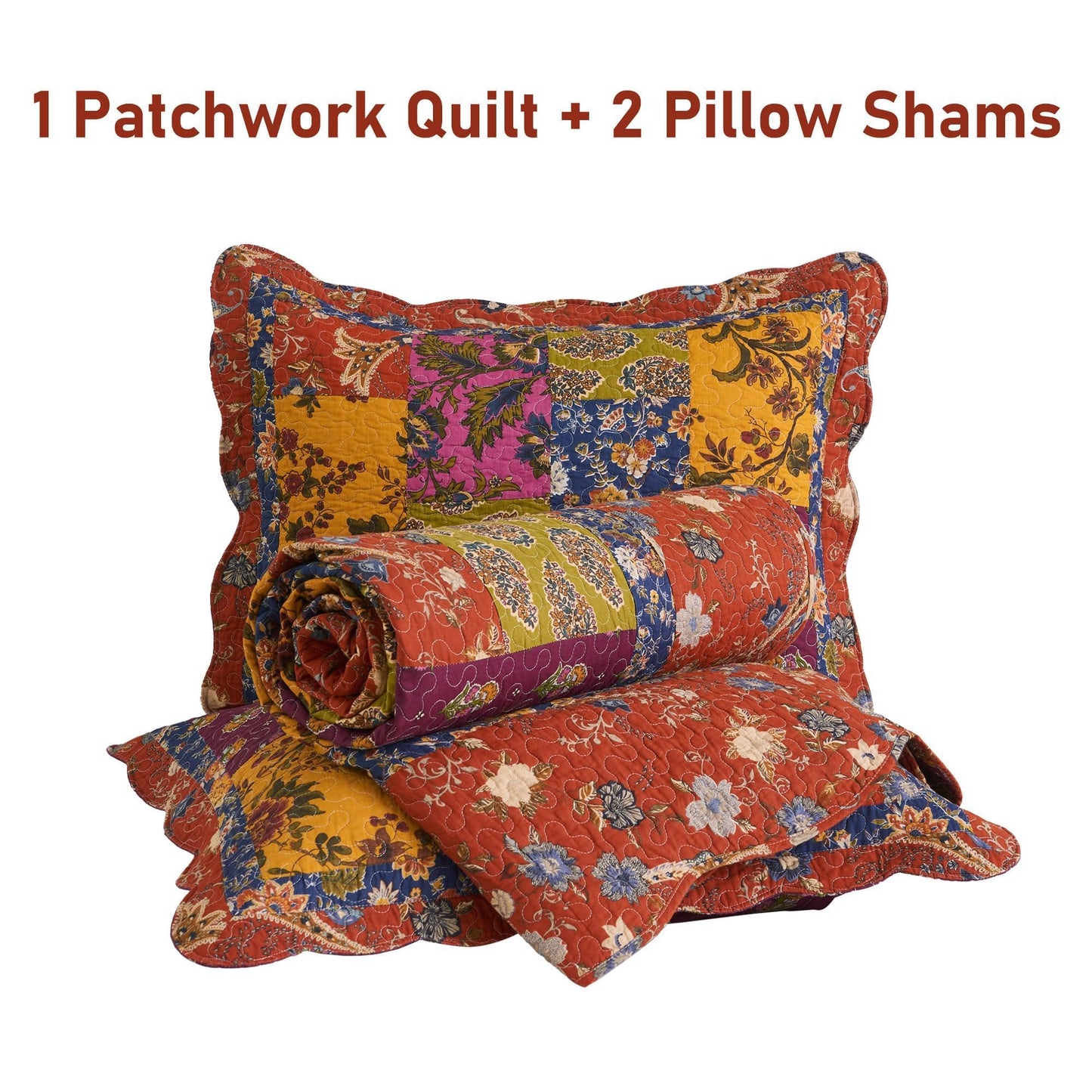 DECMAY 100% Cotton Quilt Queen Size, 3 Pieces Patchwork Bedspreads Queen Quilt Bedding Set, Lightweight Farmhouse Reversible Coverlet Comforter Set with 2 Pillowcases for All Seasons, Orange