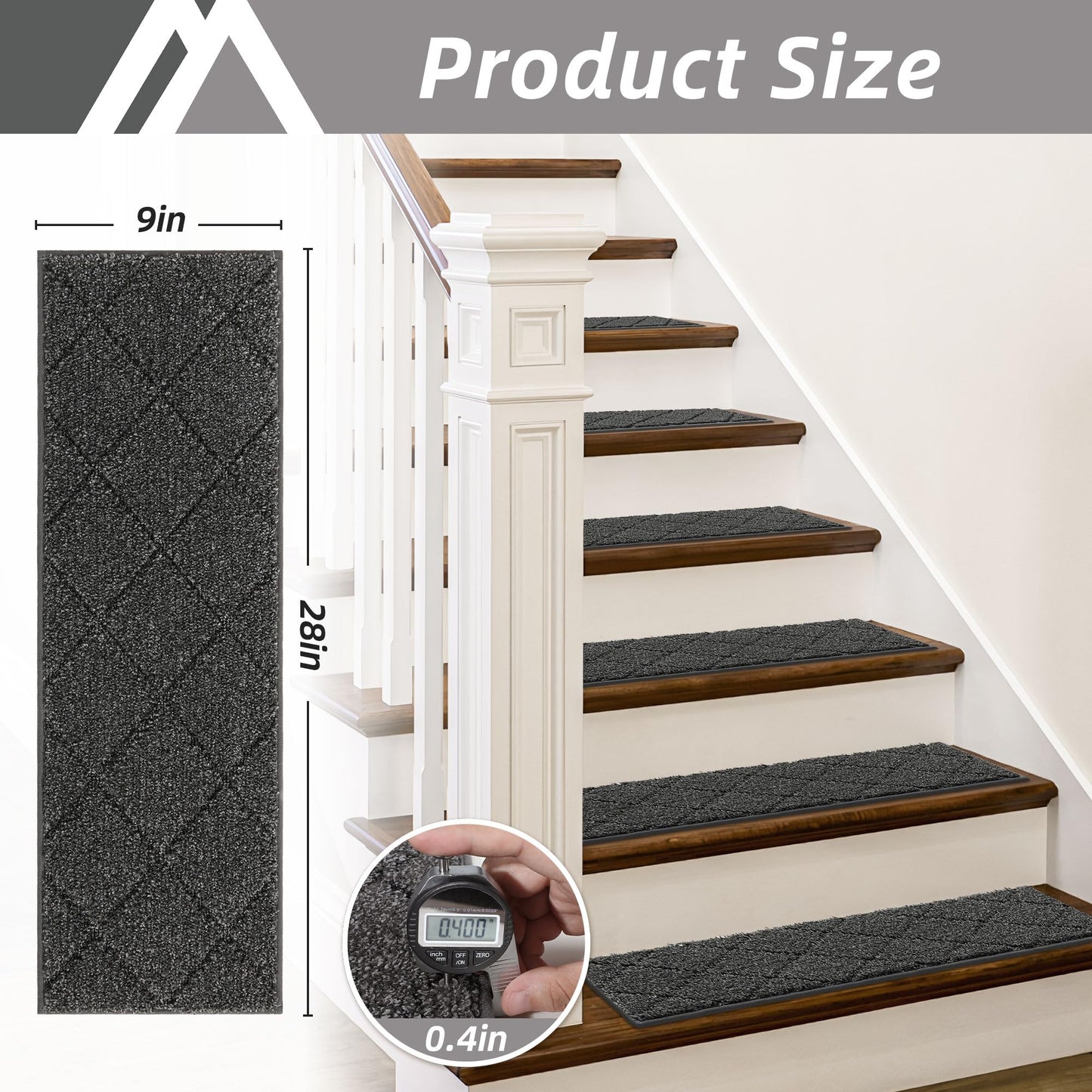 COSY HOMEER Edging Stair Treads Non-Slip Carpet Mat 28inX9in Indoor Stair Runners for Wooden Steps, Edging Stair Rugs for Kids and Dogs, 100% Polyester TPE Backing (4pc, Black)