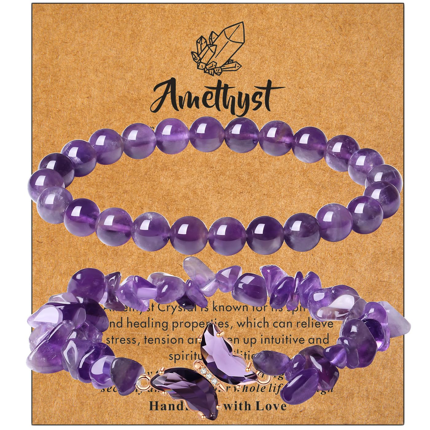 DUQGUHO Purple Bracelets for Women, Butterfly Bracelets for Women, Healing Anxiety Amethyst Bracelet, Butterfly Charms Crystal Jewelry Purple Gifts for Woman 2PCS