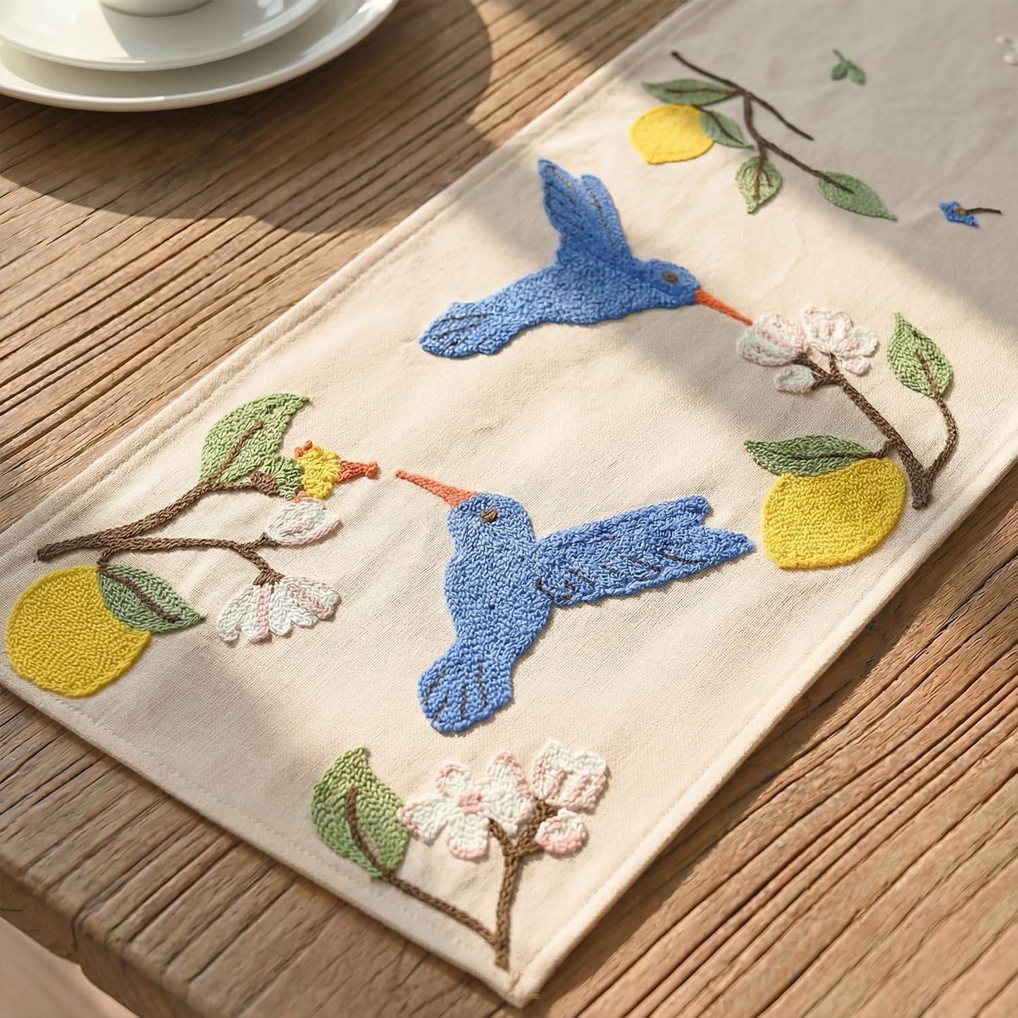 Artoid Mode Beige Soft Chain Embroidery Flower Bird Lemon Spring Table Runner, Seasonal Summer Kitchen Dining Table Decoration for Home Party Decor 13x72 Inch