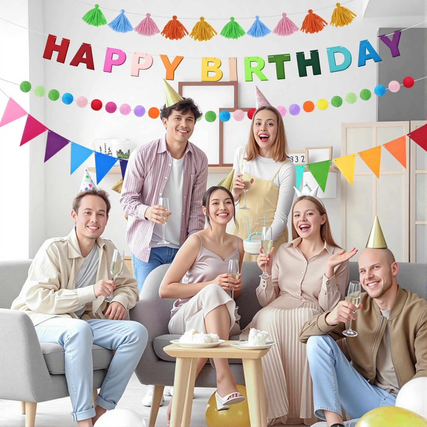 4Pcs Felt Pre-Strung Happy Birthday Banner, Handmade Wool Felt Ball Garland, Triangle Flags, Decorations for Kids Adults Party Supplies, Rainbow Party Decorations Fireplace Mantel Wall Window