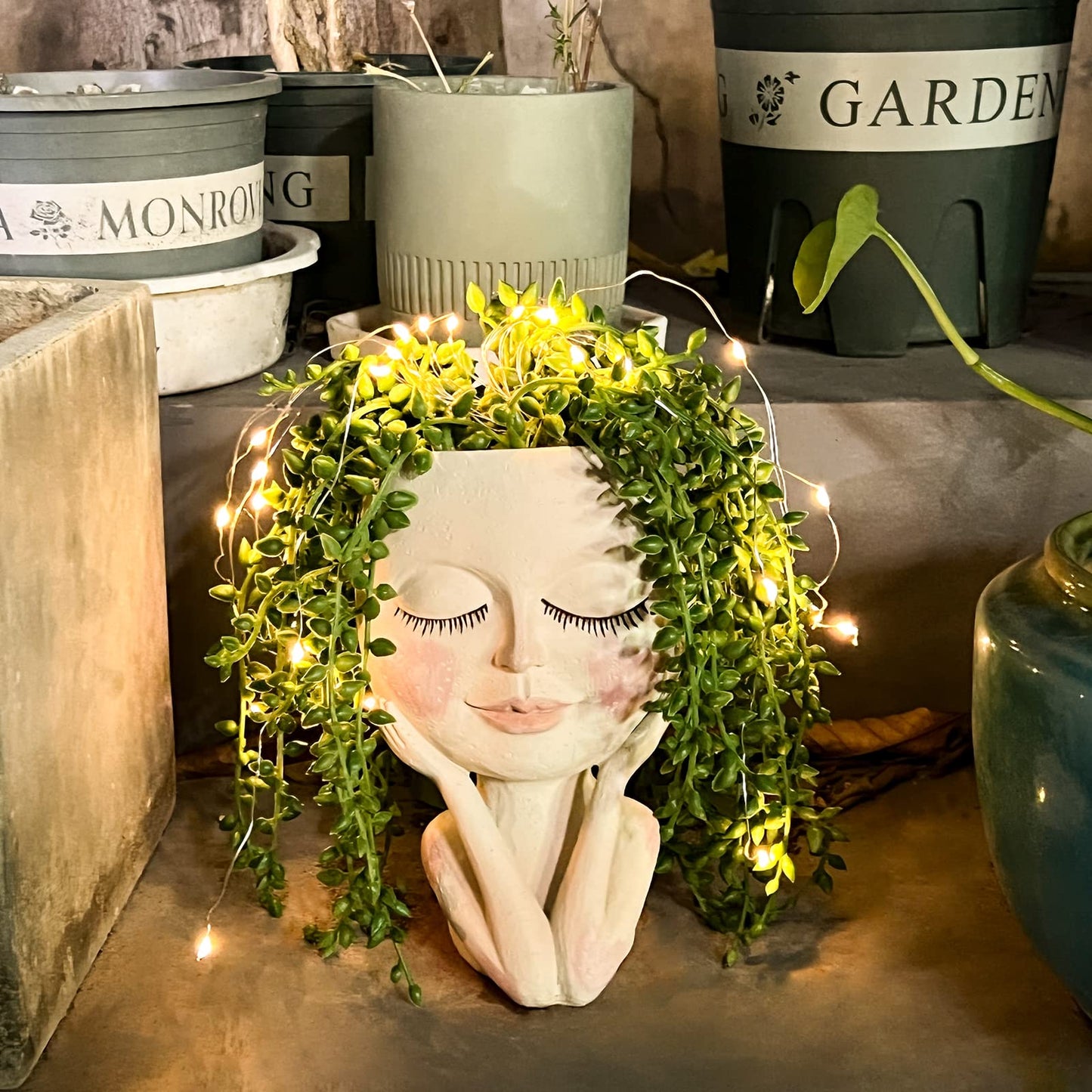 ASDFG Solar-Face Flower Pot Head Planter Pots - LED String Lights Warterproof Resin Succulent Cactus Planters Pots with Drainage Hole Cute Lady Closed Eyes Indoor Outdoor Garden Decor (Large)