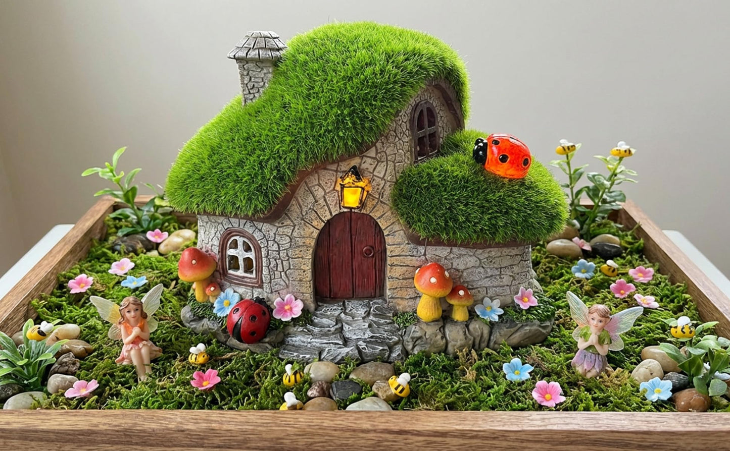 Solar Fairy Garden House Accessories, Outdoor Garden Statues with Ladybug Lights & Mushroom Gardening Gifts for Women, House Sculpture Figurine Outside Garden Decorations for Yard Patio Lawn Decor