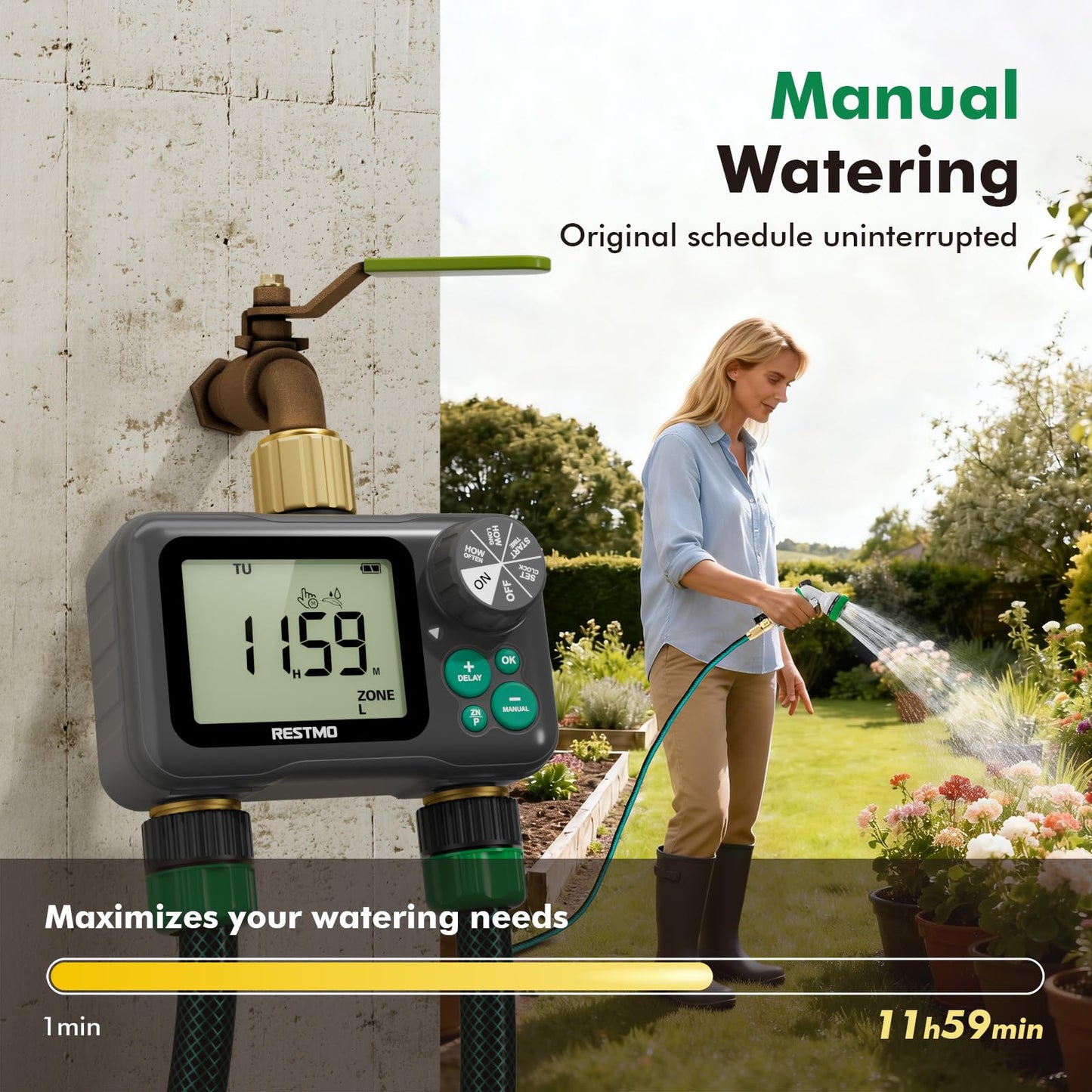 RESTMO Remote Control Brass Sprinkler Timer for Outdoor Hose Faucet 2 Zone, Max 11h59m Programmable Water Timer for Soaker Hose, Misting with Large Dial, Rain Delay/Manual/Automatic Irrigation System