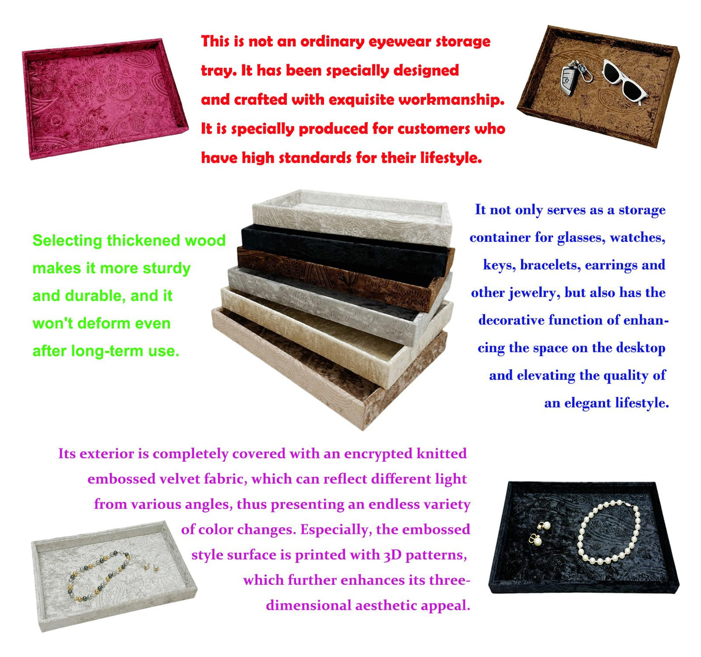 AgentMoon 2 Pieces Set Decorative Jewelry Tray,Makeup Removed Tray or Storage Tray for Eyeglasses Phone Watch Bracelet Earring.Special Velour Lining Fully Wrapped. (2PCS) (Embossed Red)