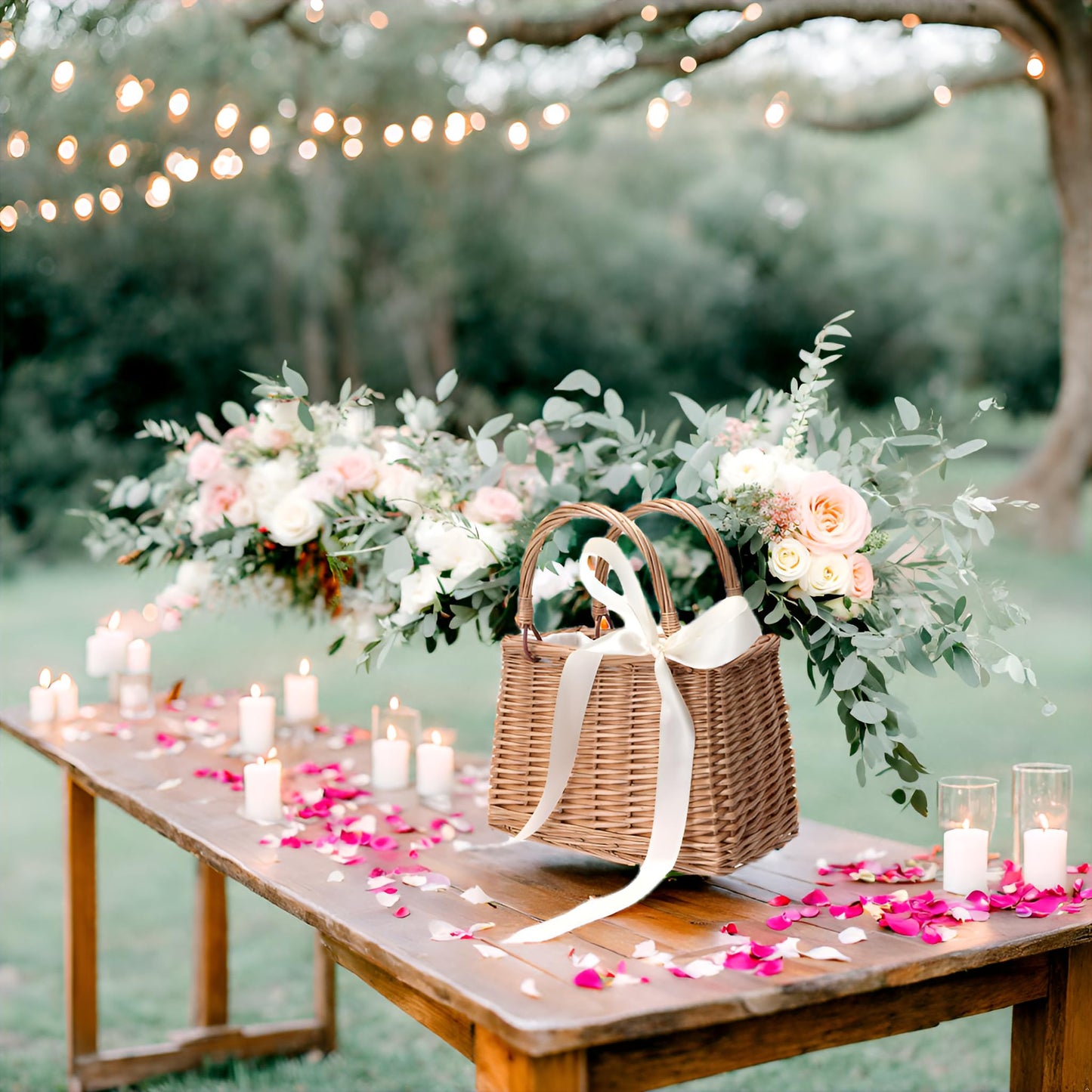 CARMELIT Flower Girl Basket Boho Style Rattan Baskets with White Ribbon for Weddings, Classic Wicker Handbag Basket Purse Baskets Bags Women Straw Tote with Handle