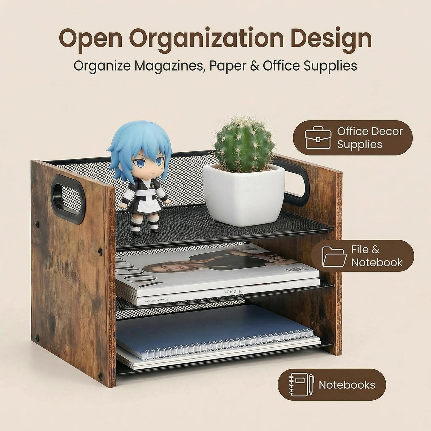 Boershun Desk Organizer - 3 Tier Wood & Metal Mesh Desktop Organizer for Office, Home, School, Workspace, Office Desk Organzier for Papers, Mail, Notebooks, Stationery