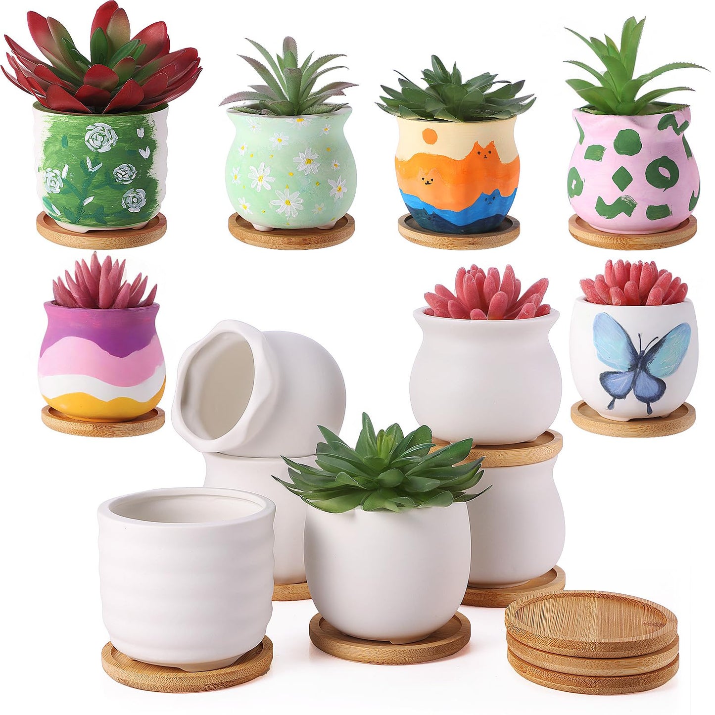 Remerry 12 Pcs 3.5 Inch Mini Succulent Pots with Bamboo Tray White Ceramic Pots Color Your Own DIY Small Planters Containers for Flower Cactus with Drainage Hole for Plant Lover