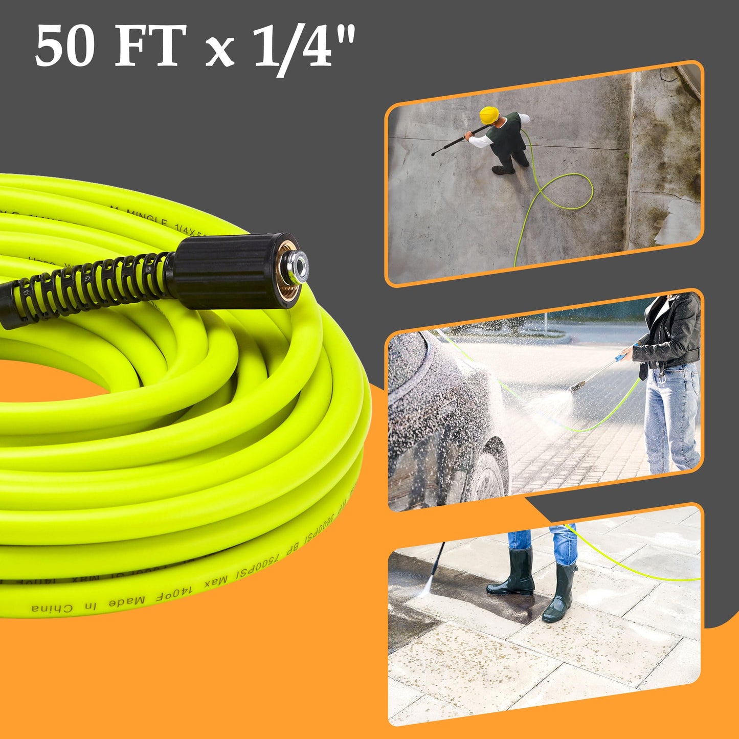 M MINGLE Pressure Washer Hose 50 FT x 1/4" - Replacement Power Wash Hose with Quick Connect Kits - High Pressure Hose with M22 14mm Fittings - 3600PSI