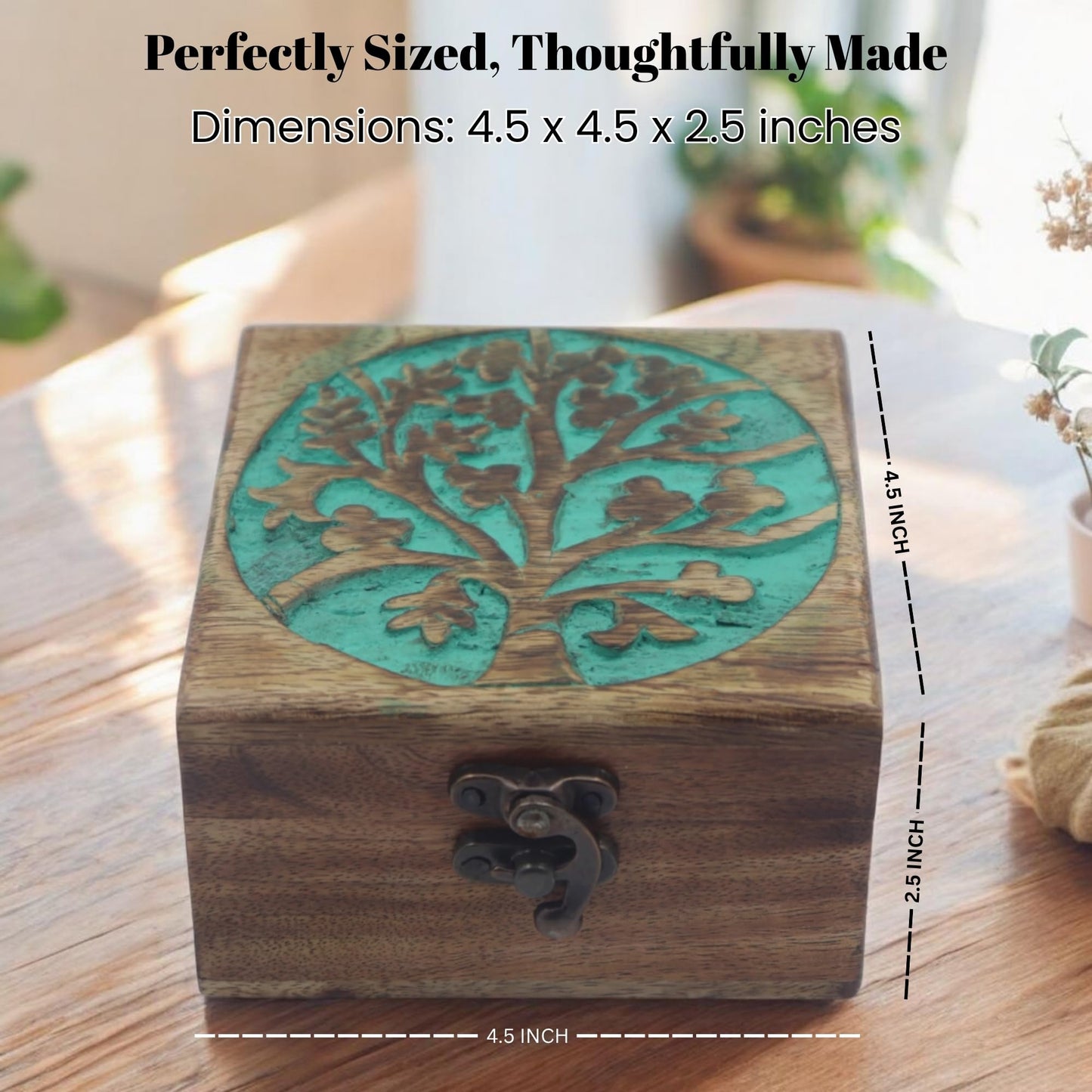 Hind Handicrafts Handmade Mango Wood Jewelry Box - Tree of Life Engraved Keepsake Storage & Organiser - Beautiful Gift Idea for Men & Women - Home Decor & Memorial Use - 4.5" x 4.5" x 2.5"