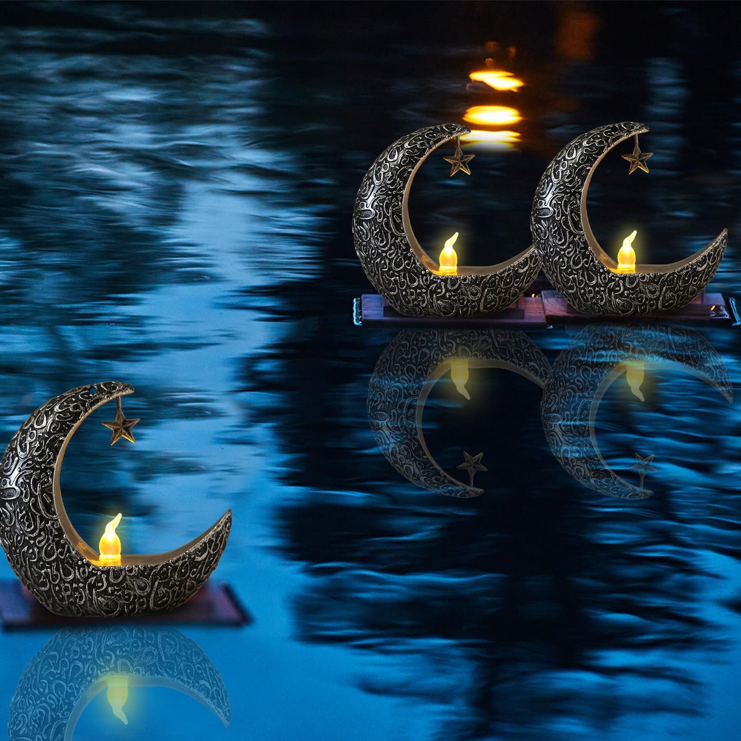 Hying 2 Pieces Ramadan Lanterns Decoration Eid-ul-fitr Table Lamp Eid Mubarak Flameless Candle Lanterns Ramadan Moon Star Lamp for Home Tabletop Decor-Sliver Black