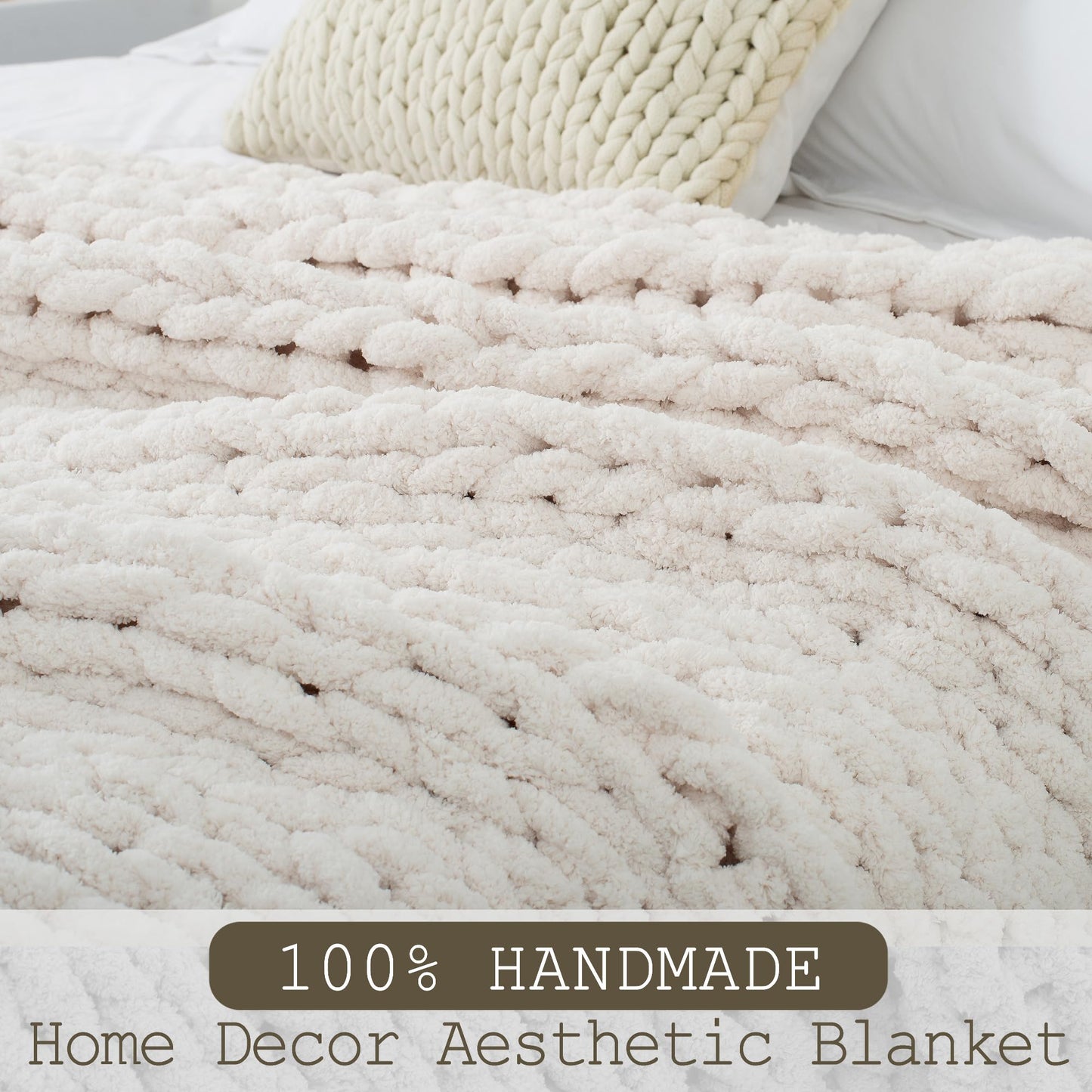 LONG CREATE Chunky Knit Throw Blanket 50"X 60", 100% Handmade with Soft Chenille Yarn, 4.4lbs Thick Cable Knitted Blankets, Large Rope Knot Crochet Throws for Couch Sofa Bed Home Decor, Cream White