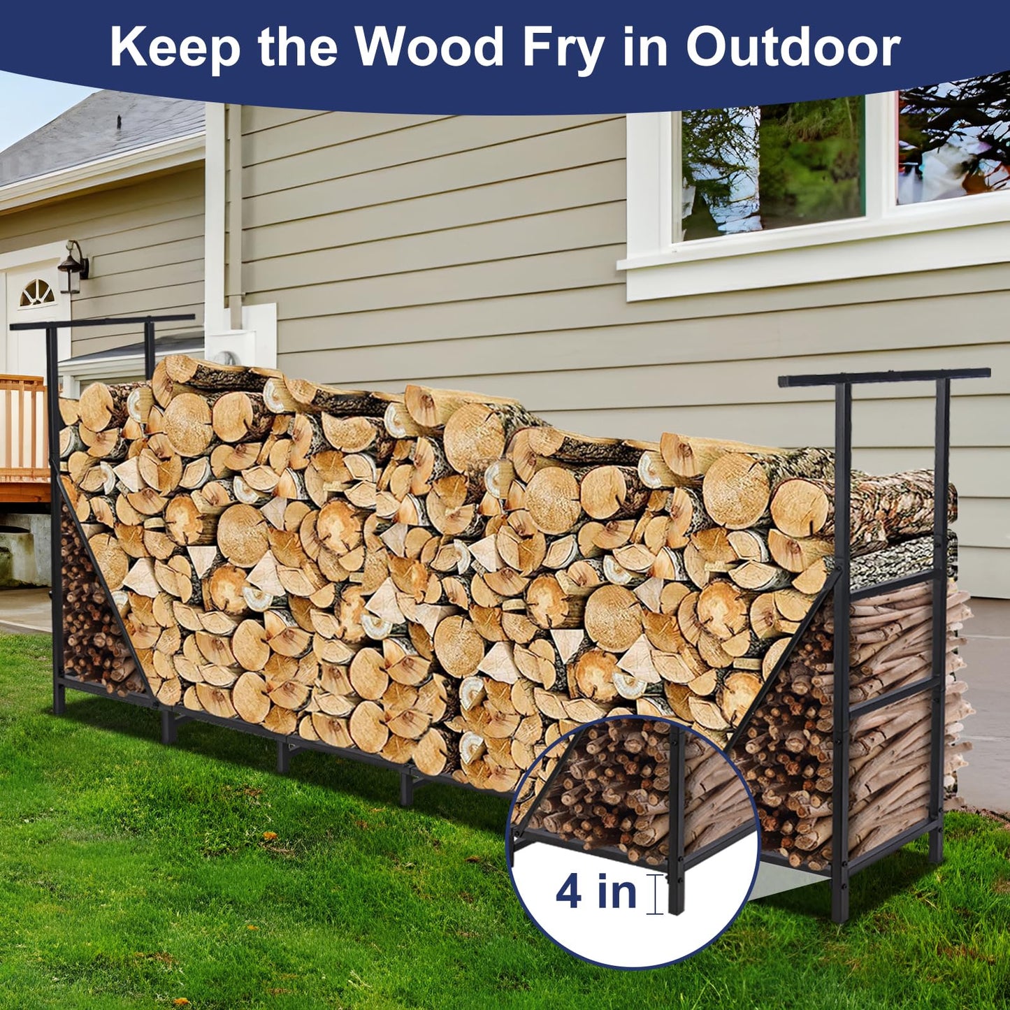 HONEST OUTFITTERS 8ft Firewood Rack Outdoor, Adjustable Heavy Duty Firewood Holder, Adjustable Wood Racks for Outdoor Indoor, Metal Log Racks for Firewood with Firewood Bag Carrier, Black