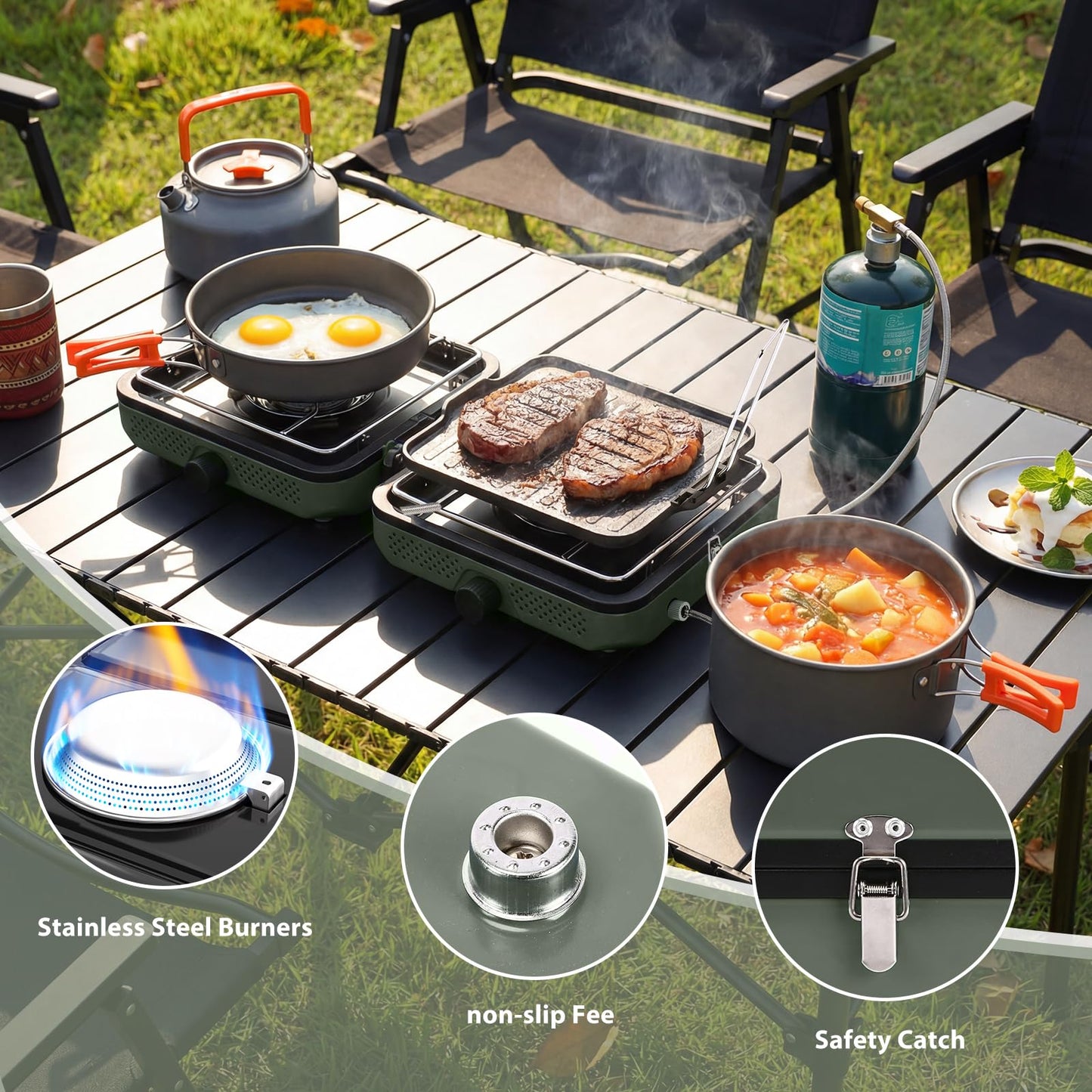 Hisencn 2 Burner Propane Camping Stove, 30000 BTU Foldable Portable Gas Stove with Cookware Set & Carry Bag, Outdoor Cooking for Camping, RV, Emergency Use, Green