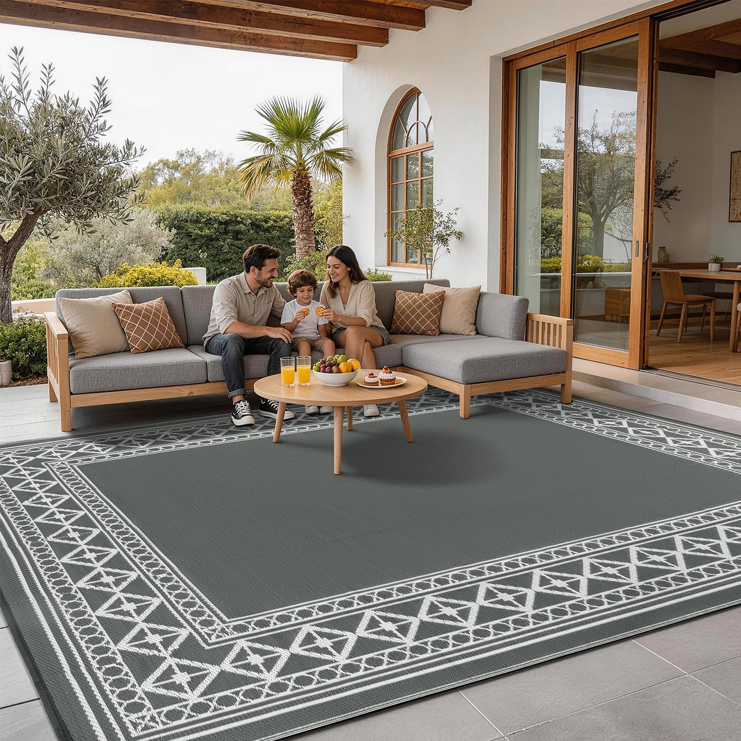 LBRO2M Waterproof Outdoor Rugs 8X10 for Patio Outdoor Plastitc Straw Rug Reversible Outdoor Border Rugs RV Rug for Deck, Pinic, Beach (8X10, Gray)