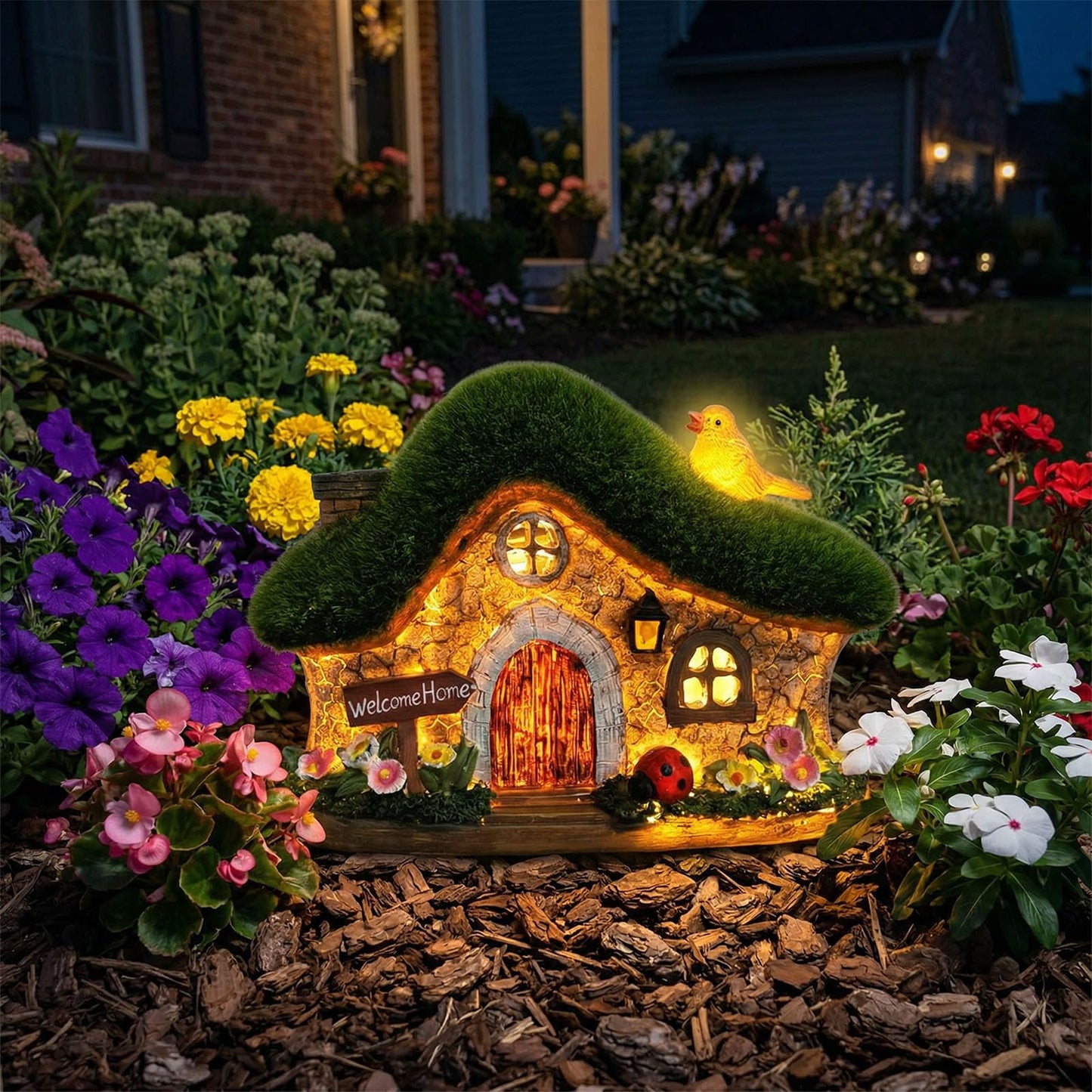 EKQ Resin Fairy House Statues with Solar Lights Outdoor for Garden Decor Funny Birds Ladybird Flocked Fairy House with Garden Figurine Patio Yard Lawn Decorations Gift for Mom Women (Green)