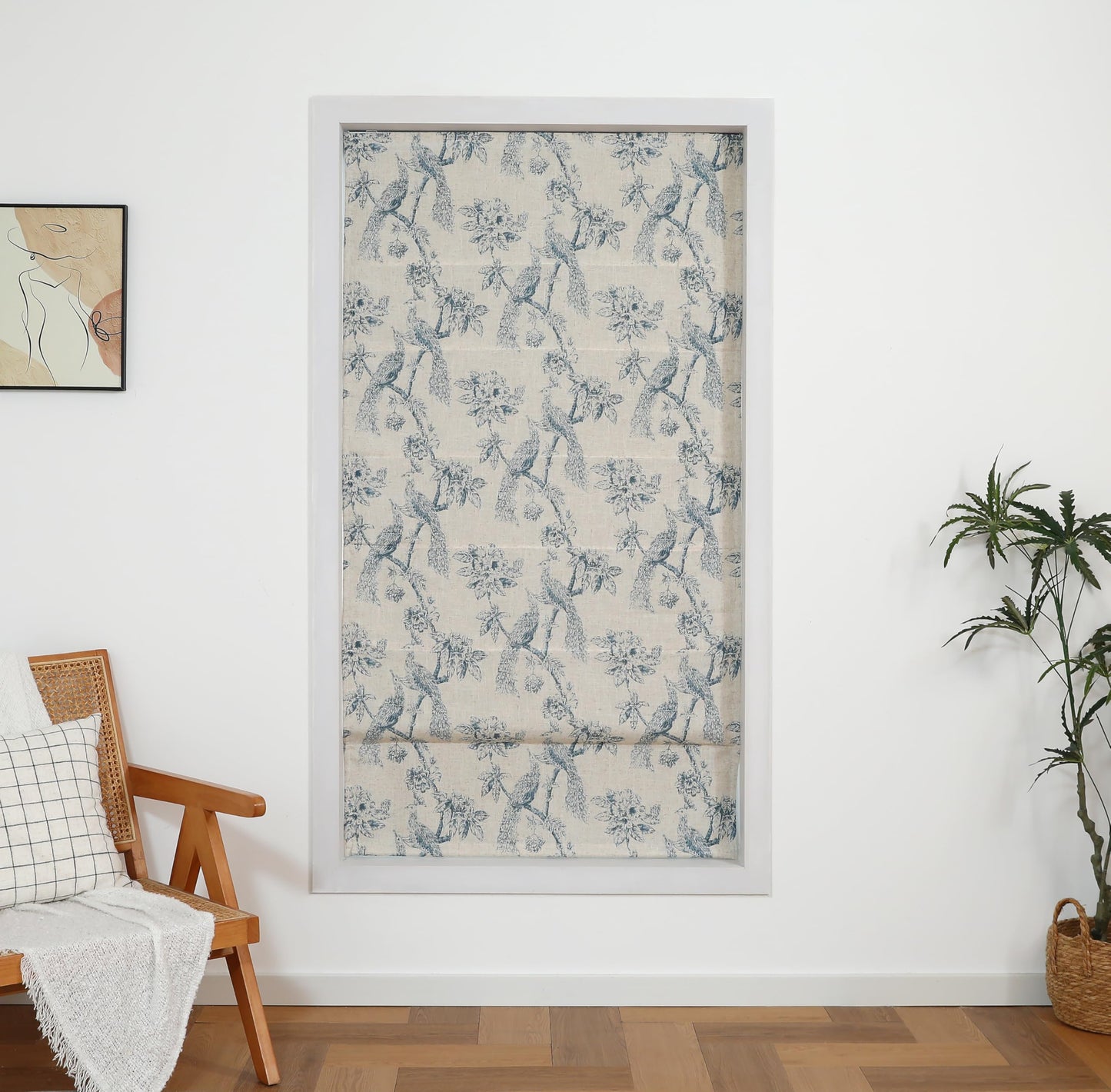 Everyday Celebration Peacock 100% Blackout Dual Layered Pull-Down Roman Shade for Windows, Peacock Pattern Printed on Natural Fabric Roman Shades for Home 30" W x 64" H Blue