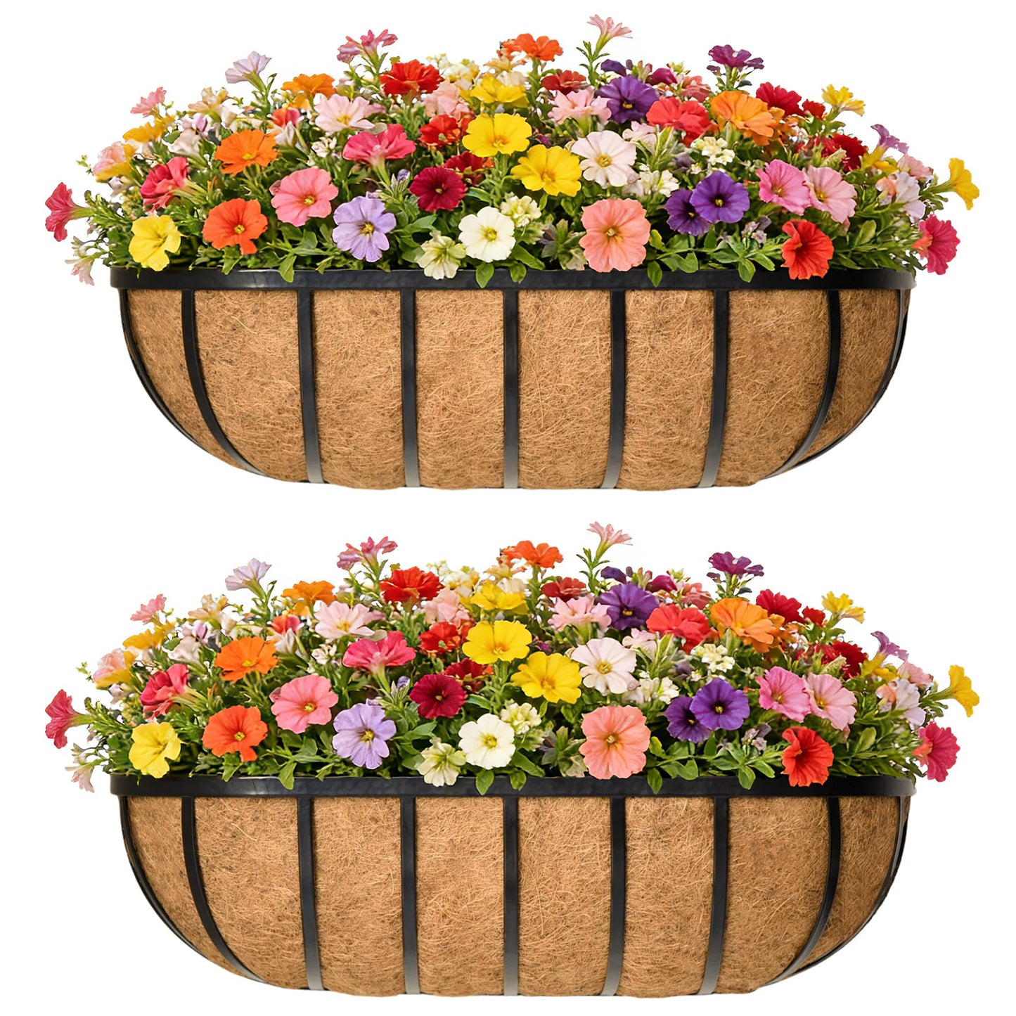 EIMQUVW 30 Inch Railing Planter Window Box Deck Balcony Rail Planter with Coco Liner Metal Wall-Mounted Coconut Liner Basket English Horse Trough for Outdoor Balcony Porch Fence Patio (2 Pack)