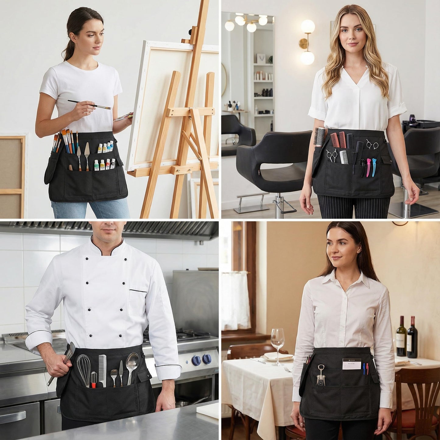 Molaxhome Waist Tool Apron with Multi-Pocket Gardening Apron with Adjustable Belt Server Hairdresser Aprons Black