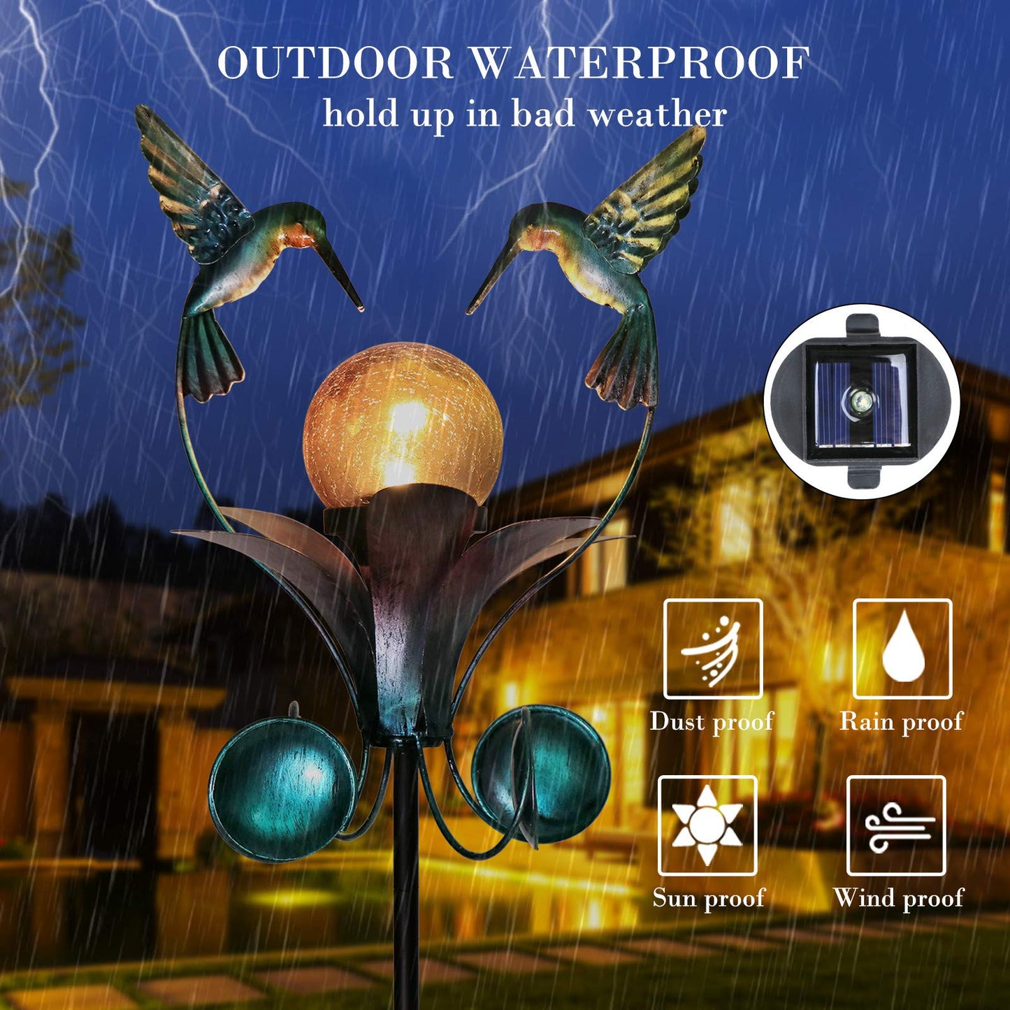 VCUTEKA Solar Lights Outdoor Metal Garden Stake Waterproof Crackle Glass Globe Garden Decor Hummingbird for Pathway, Lawn, Patio, Yard